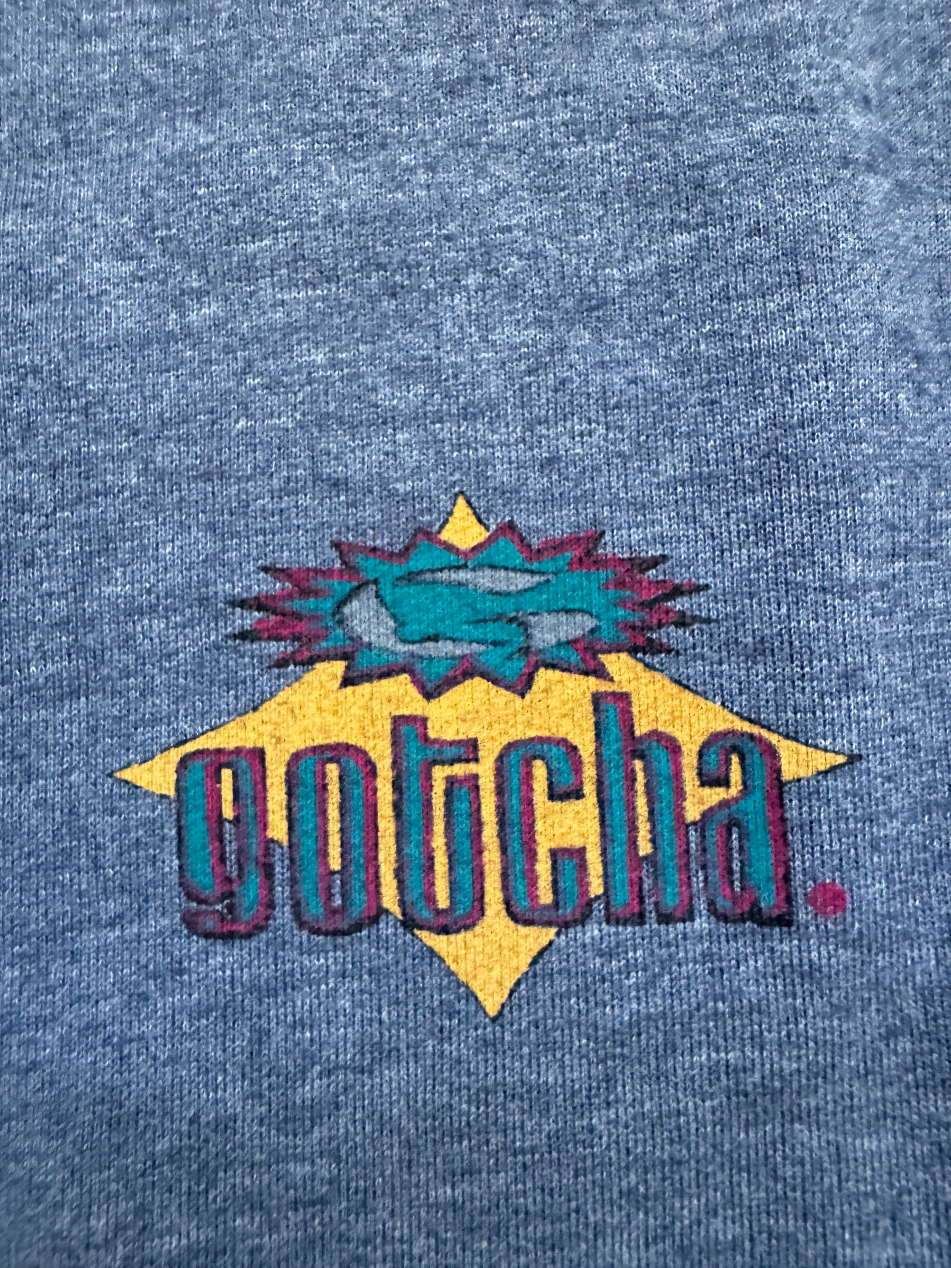 90s Gotcha sweatshirt logo closeup — genuine vintage surfwear