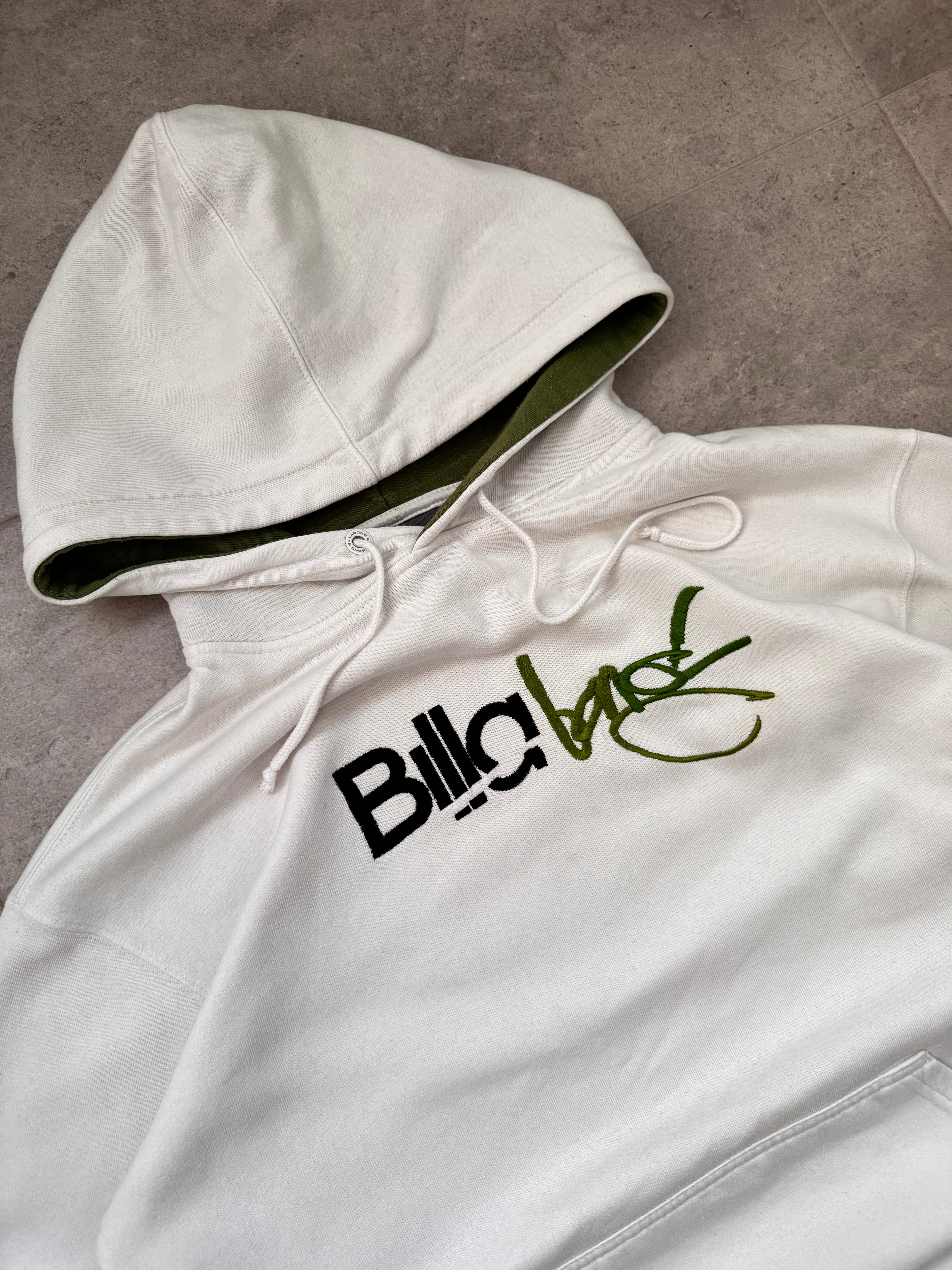 Y2K Billabong hoodie in white, size M, vintage surf sweatshirt - front view