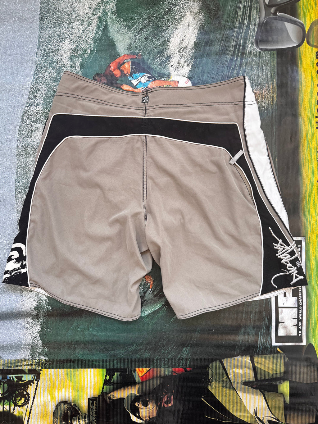 Y2K Billabong Andy Irons boardshorts logo detail — rare signature series