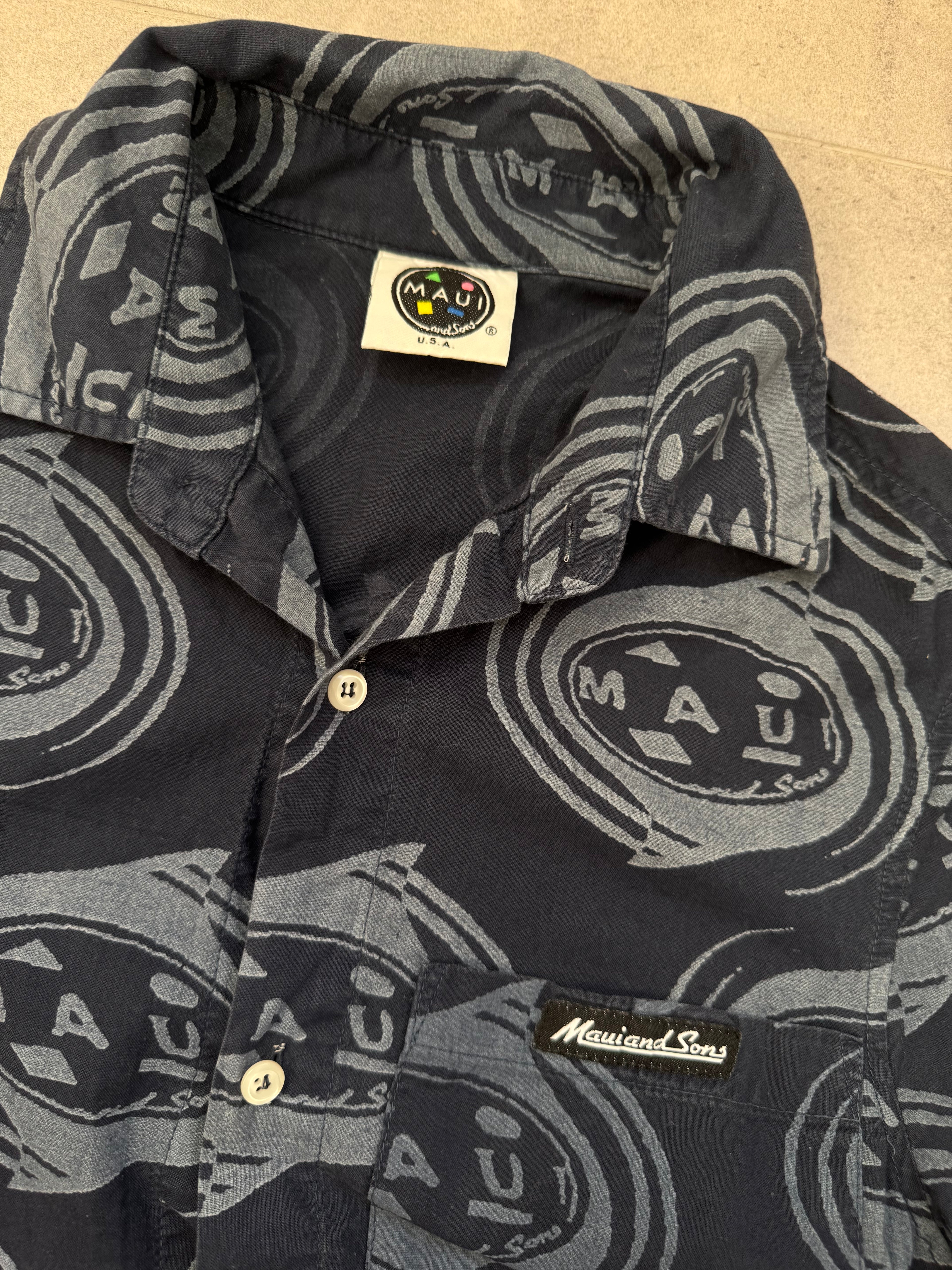 Y2K Maui and Sons shirt in navy and blue, size S, vintage surf and skate - back view