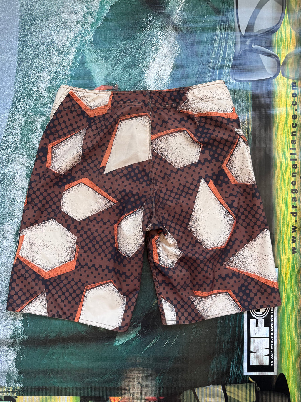 Y2K Volcom boardshorts in brown, size 32, vintage surf and skate shorts - detail view
