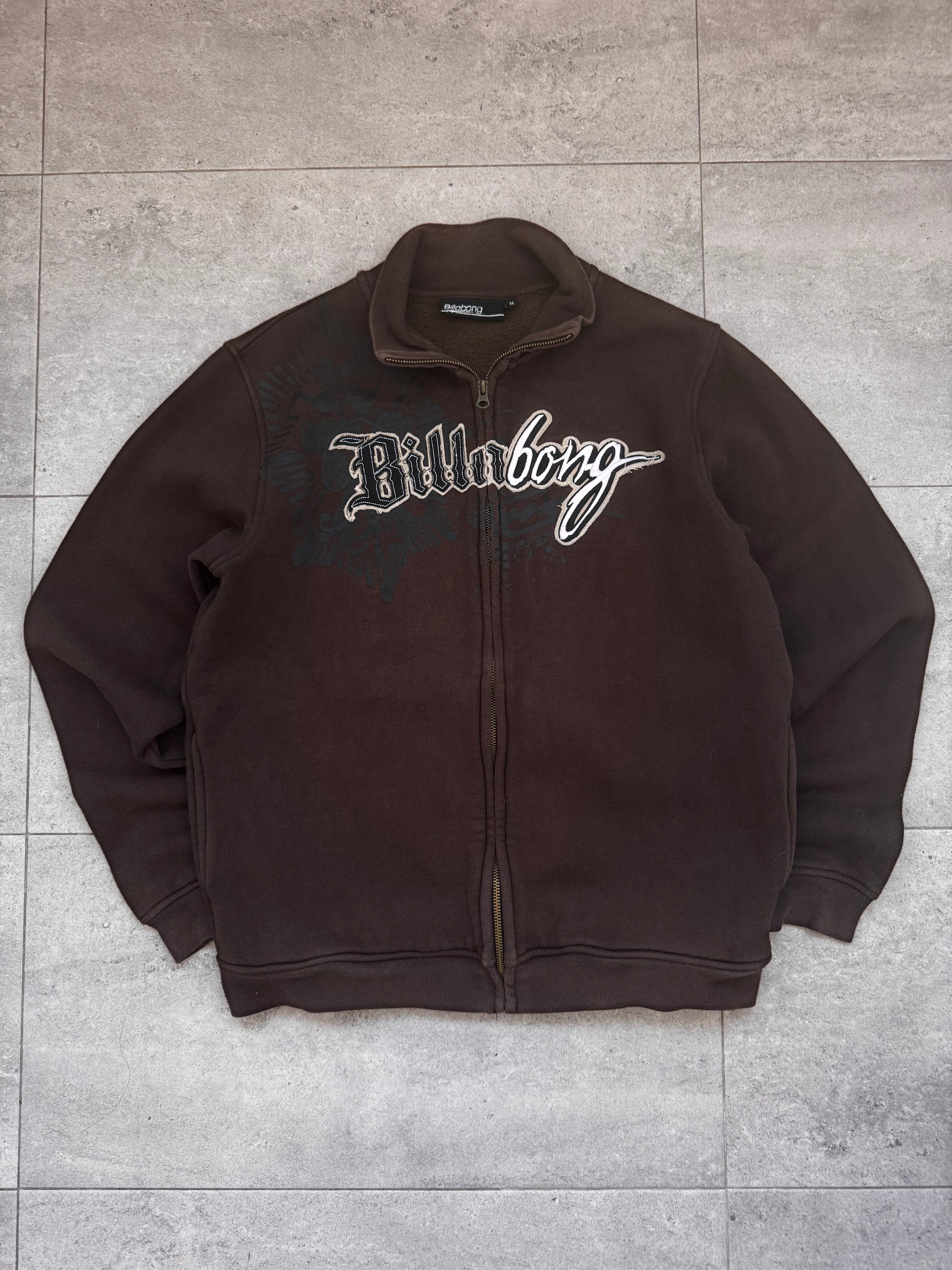 Y2K Billabong zip sweatshirt front logo detail — authentic vintage surfwear