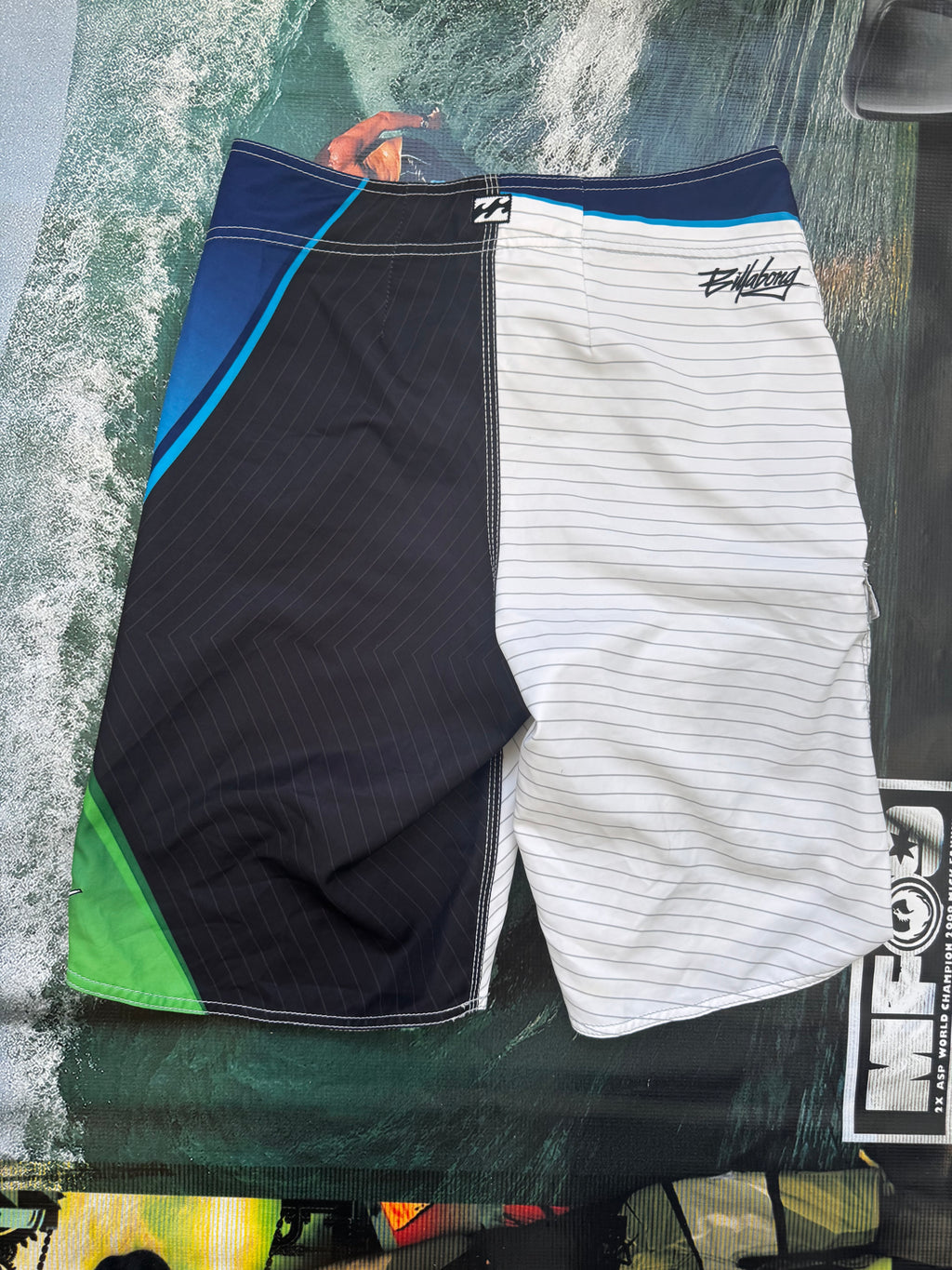 Y2K Billabong Andy Irons boardshorts detail — rare signature series surf brand