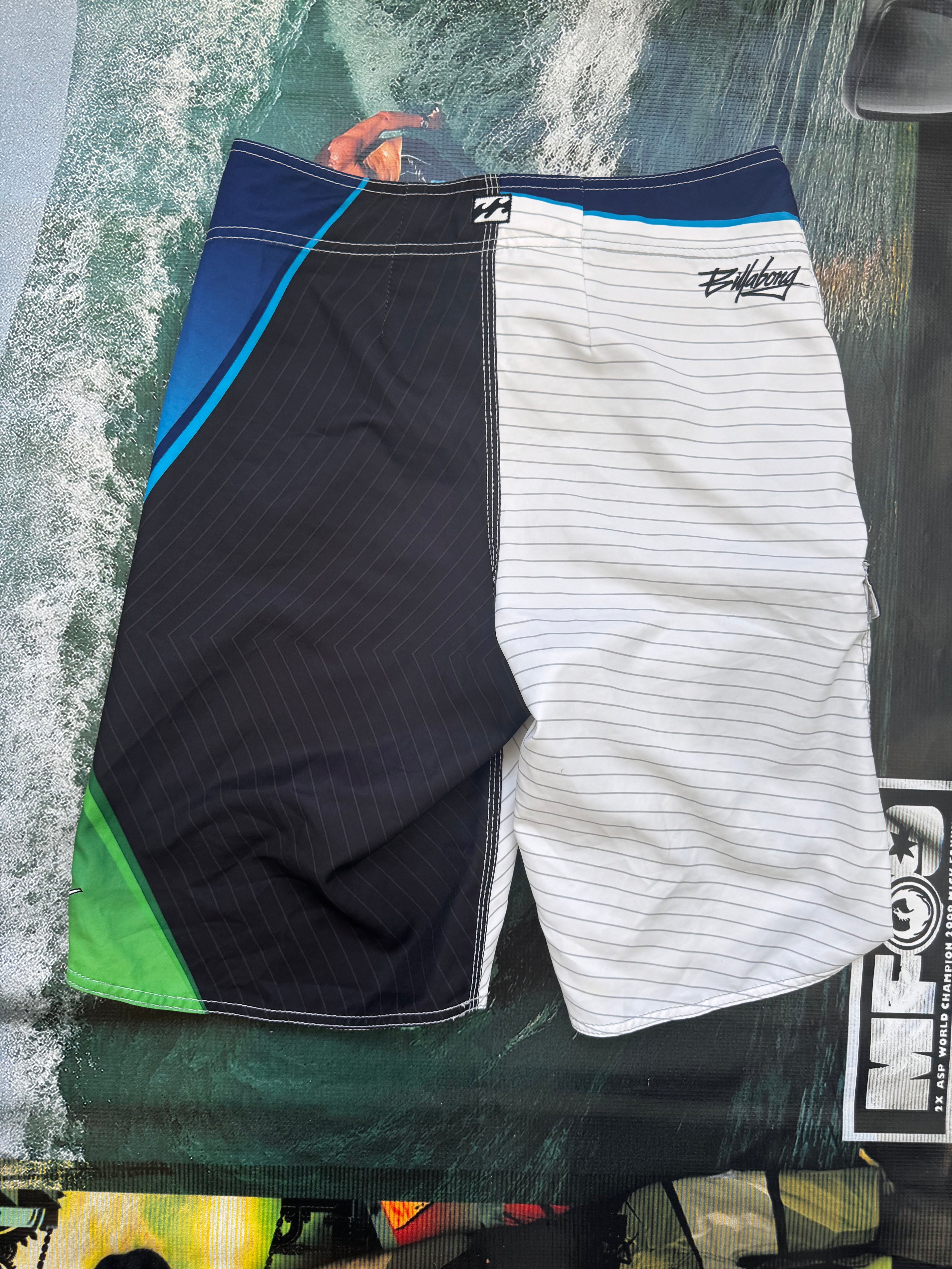 Y2K Billabong Andy Irons boardshorts detail — rare signature series surf brand