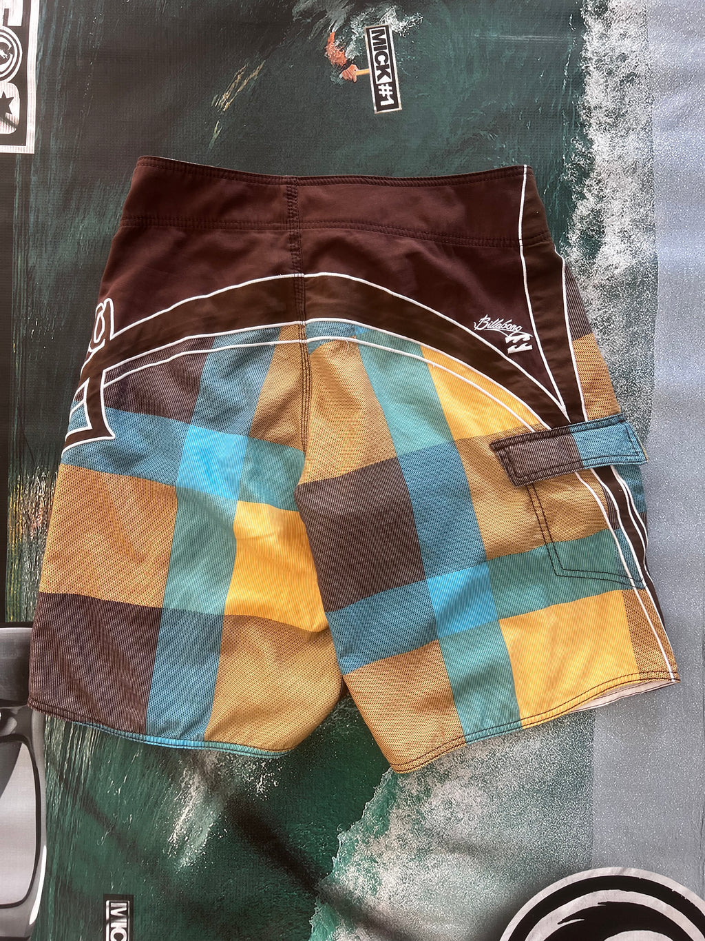 2000s Billabong Mark Occhilupo boardshorts detail — genuine vintage surfwear collector