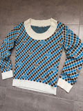 Vintage Y2K Roxy knit sweatshirt in blue, white and brown, front view