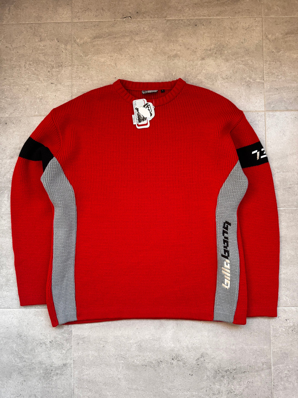 Y2K Billabong knit sweatshirt in red and grey, size L, deadstock surf piece - front view