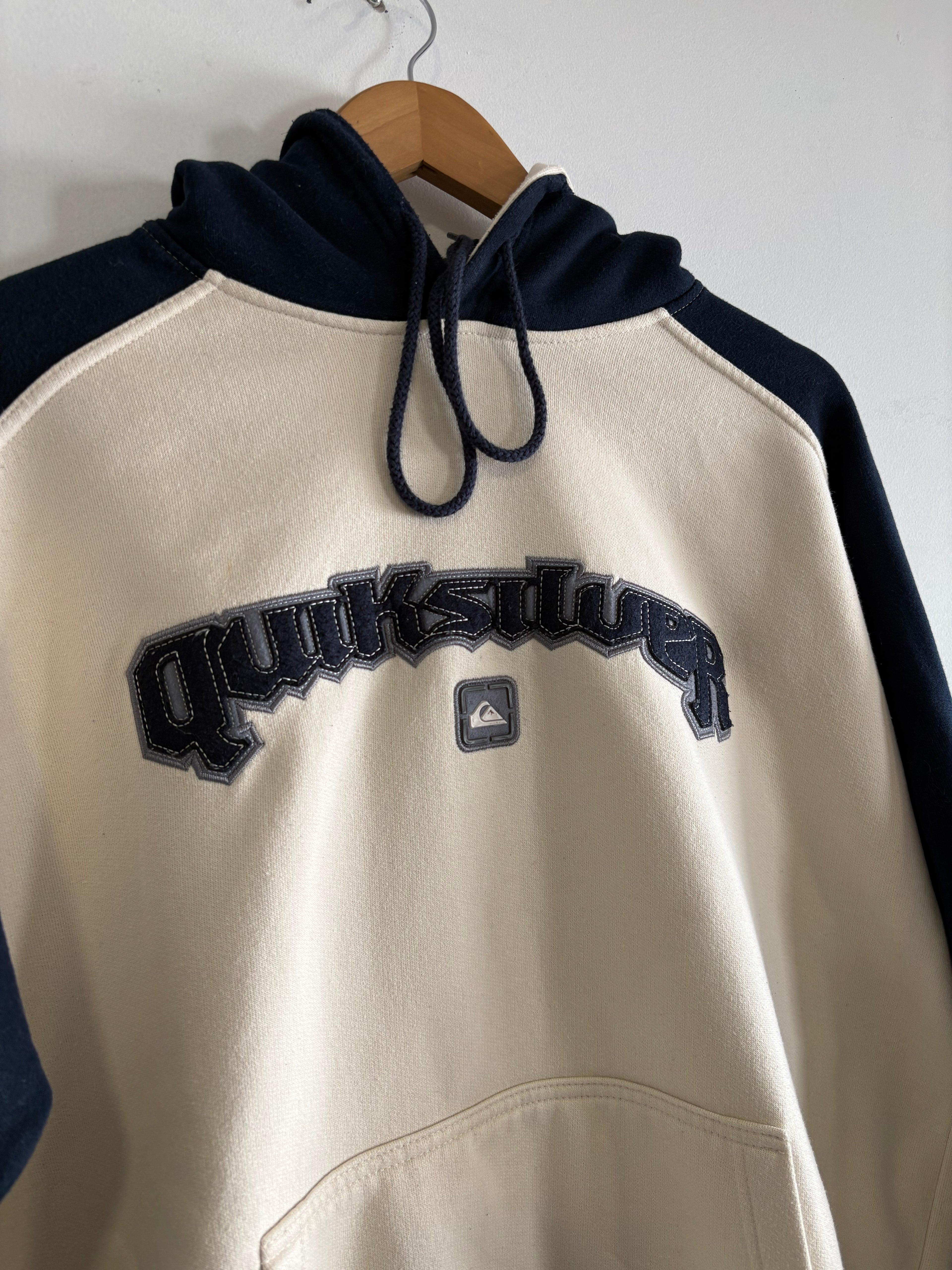 Y2K Quiksilver Hoodie Cream/Navy Embroidered Logo (M)