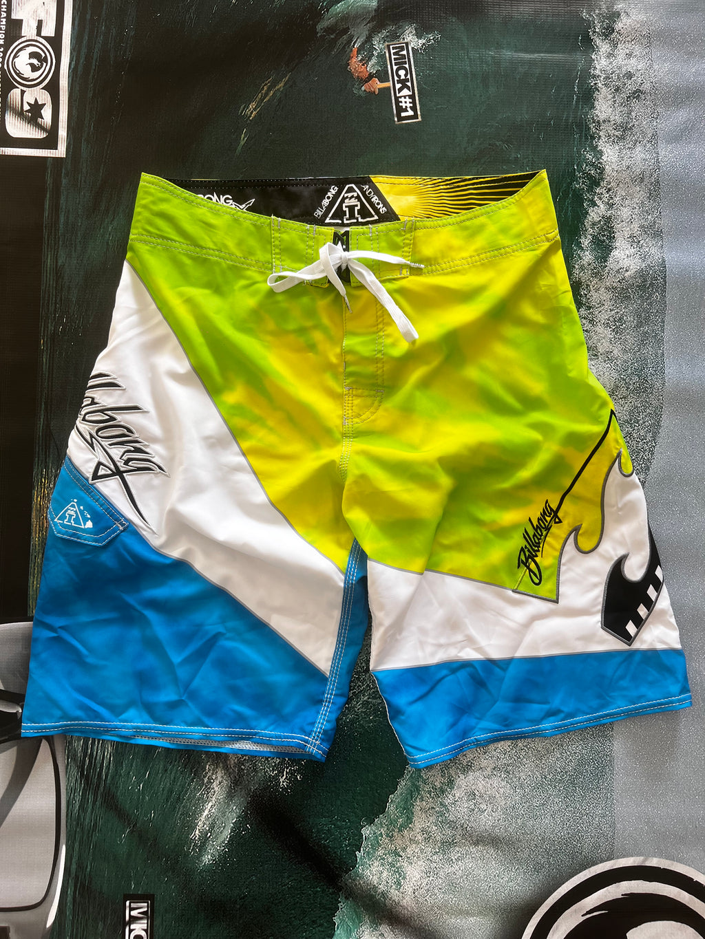 Y2K Billabong Andy Irons Airlite Quad Stretch boardshorts front — authentic vintage surfwear