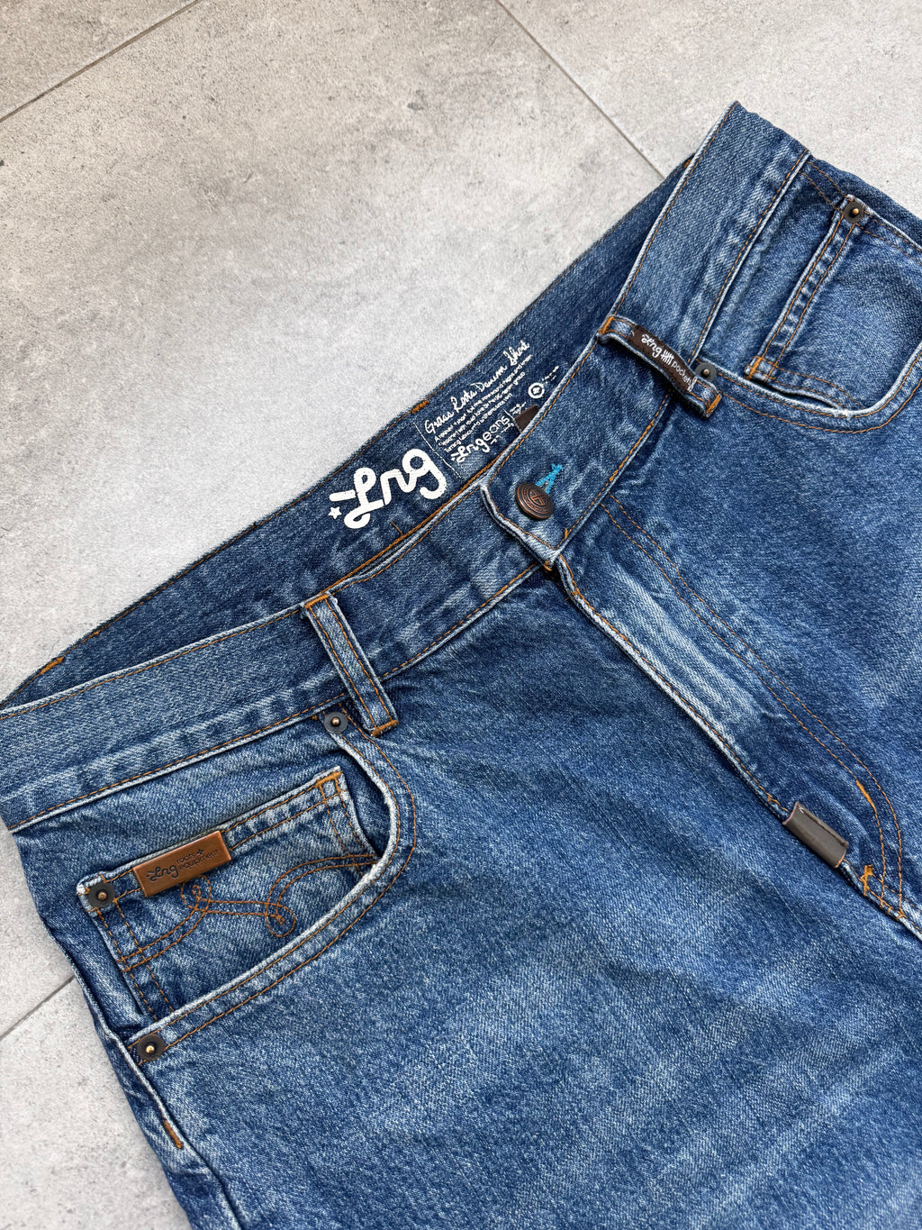 Y2K LRG Lifted Research Group denim shorts front — authentic vintage surf skate brand