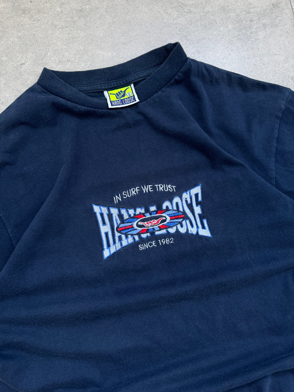 90s Hang Loose vintage T-shirt in navy, size S, surf tee - front view