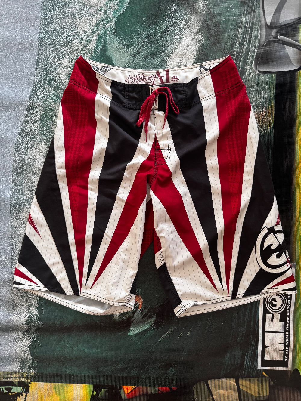 Y2K Billabong Andy Irons Samurai signature boardshorts waist 32 — rare vintage surf collector piece — Backwash VTG