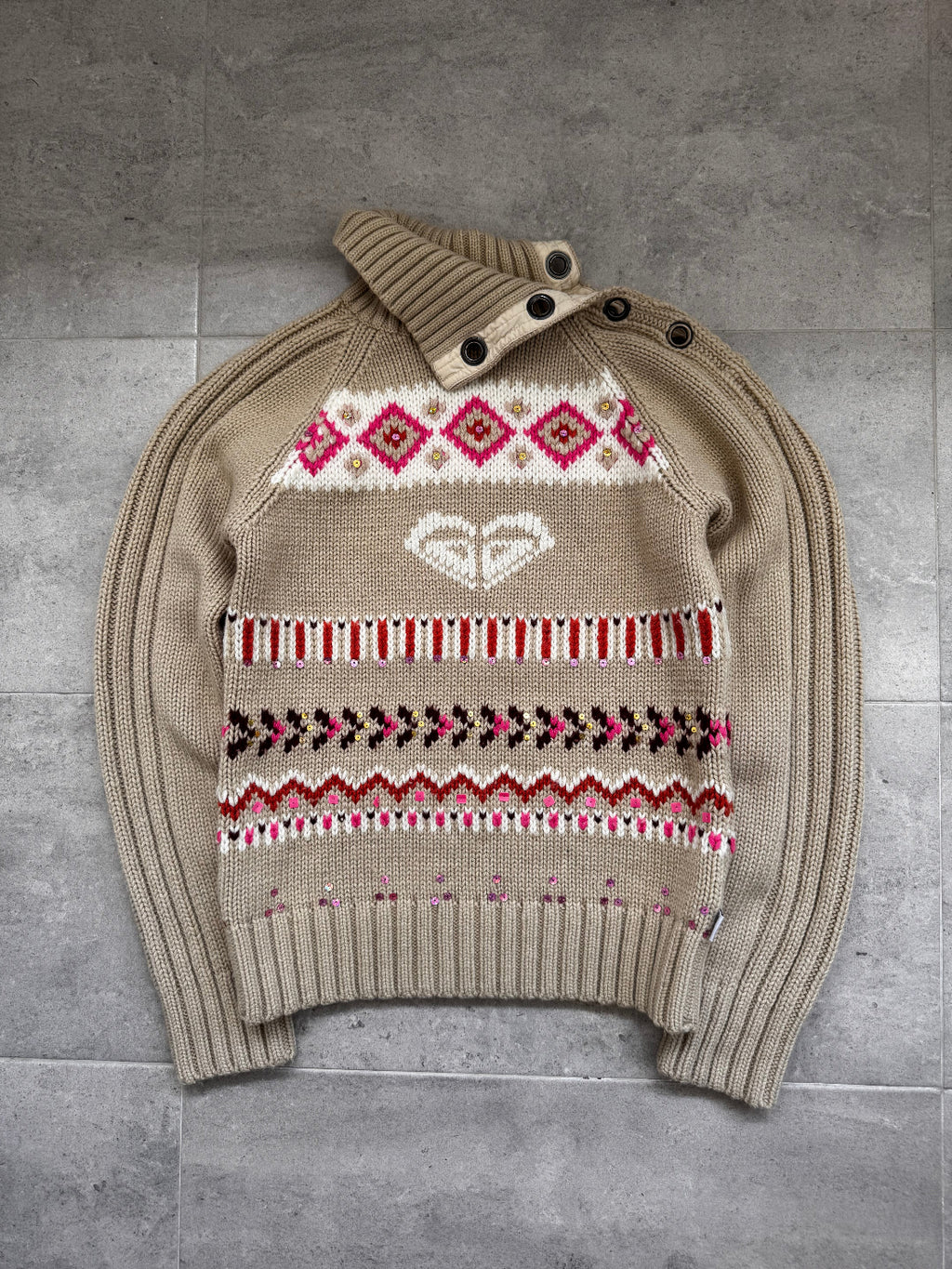 Vintage Y2K Roxy knit sweatshirt in beige, front view