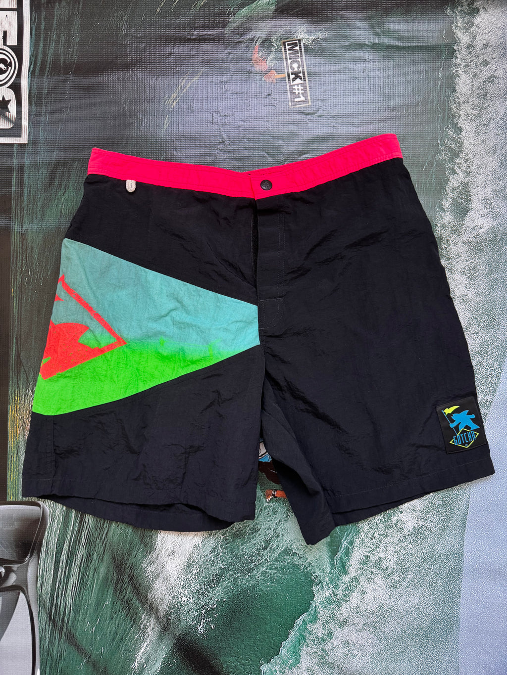 80s Gotcha deadstock boardshorts front — never worn vintage surf brand 1980s