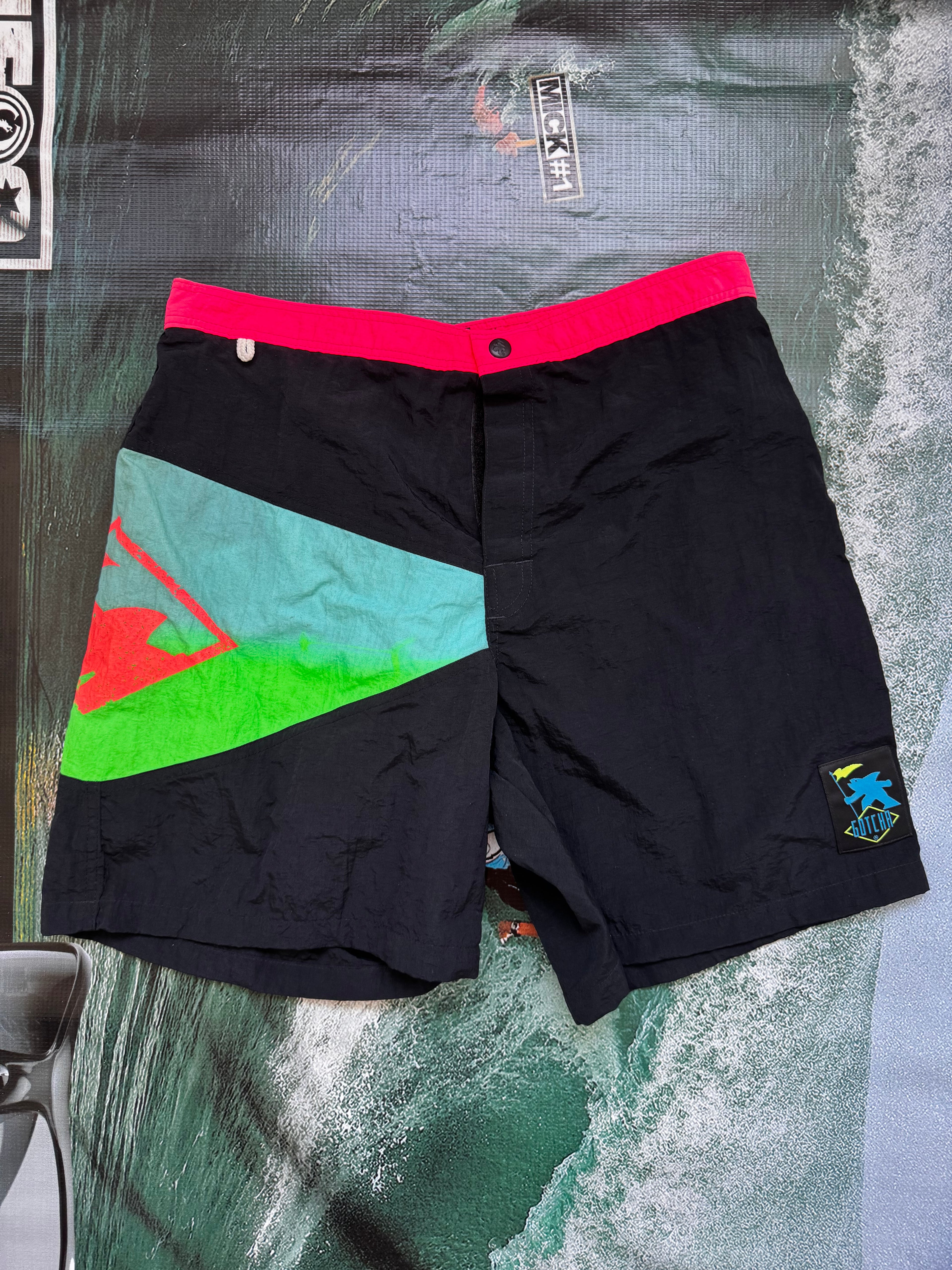 80s Gotcha deadstock boardshorts front — never worn vintage surf brand 1980s