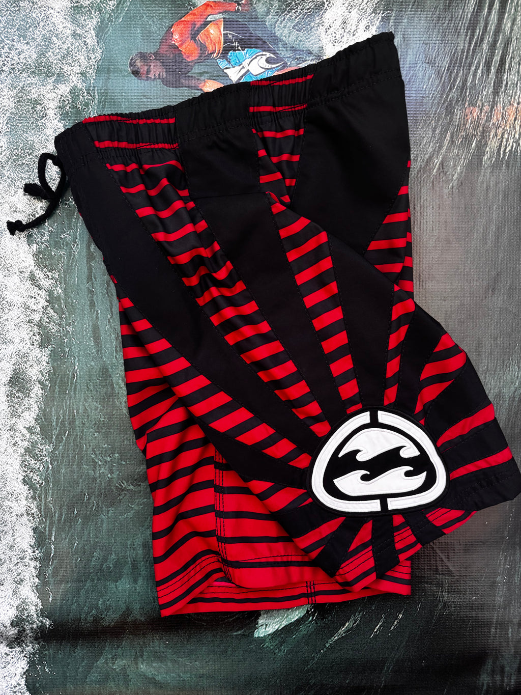Y2K Billabong Rising Sun boardshorts front — authentic vintage surfwear