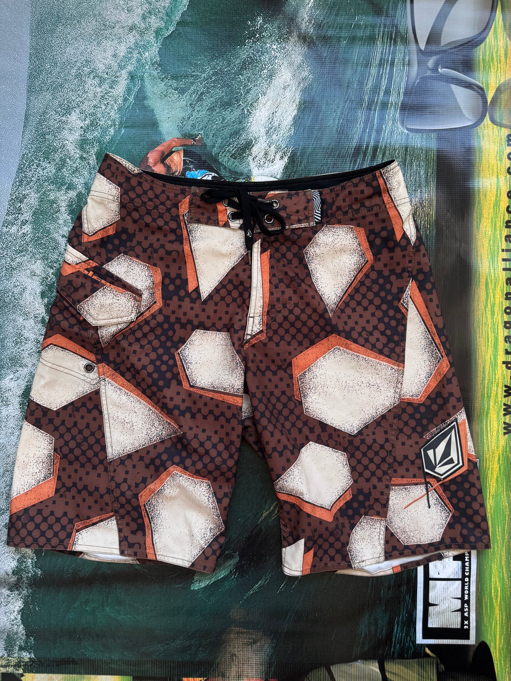 Y2K Volcom boardshorts in brown, size 32, vintage surf and skate shorts - front view