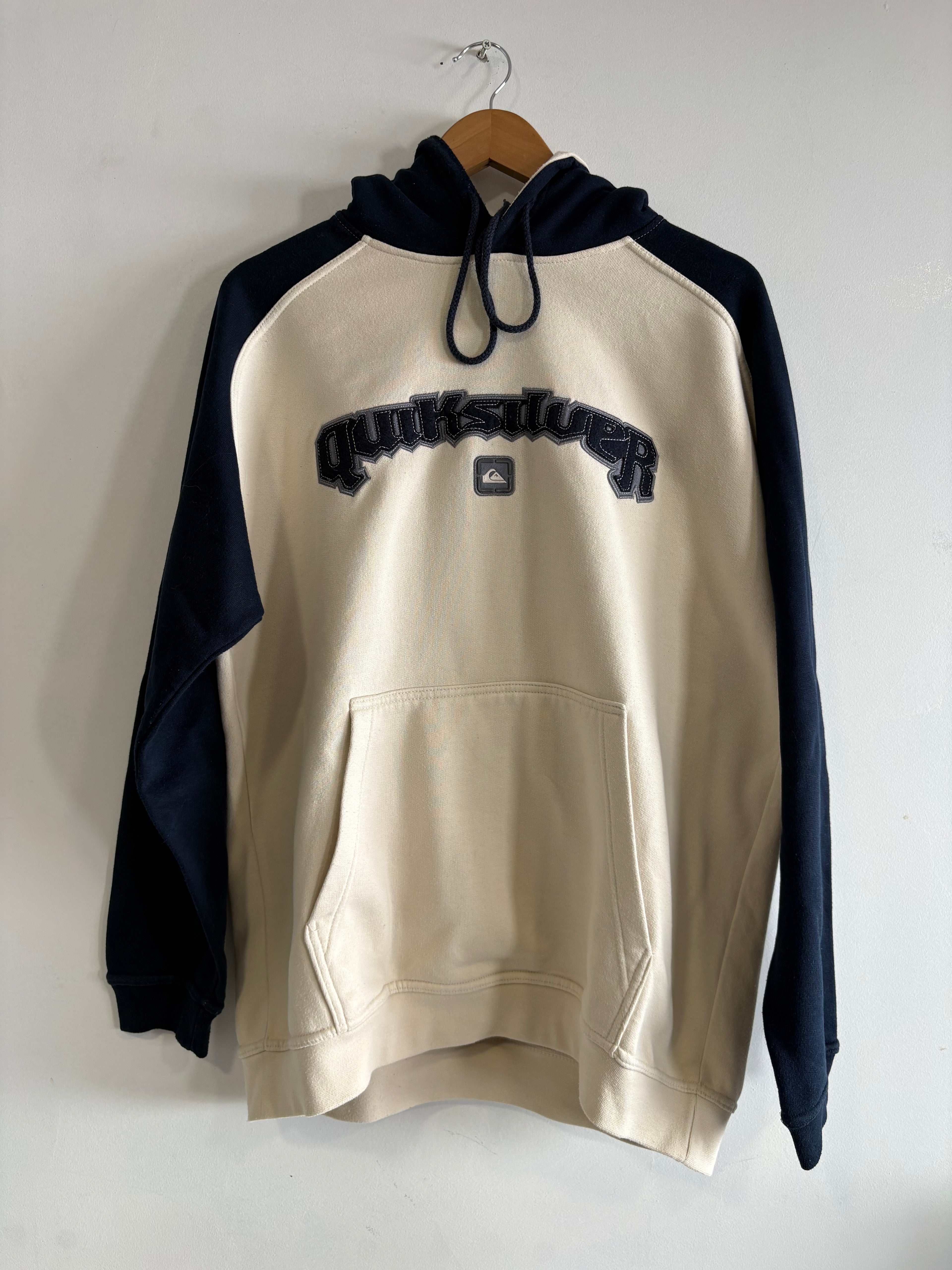 Y2K Quiksilver Hoodie Cream/Navy Embroidered Logo (M)