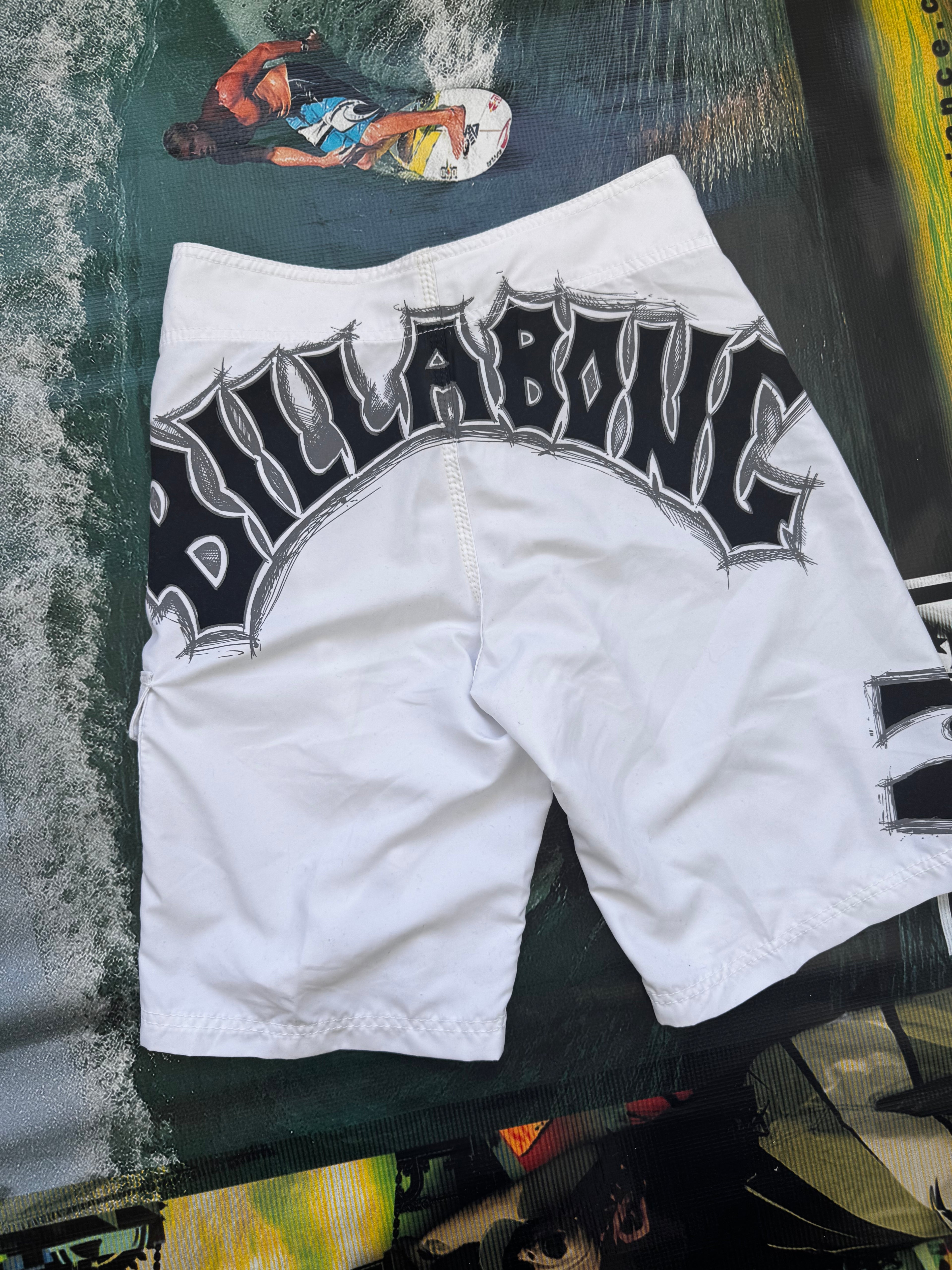 Y2K Billabong deadstock boardshorts front — never worn vintage surf boardies