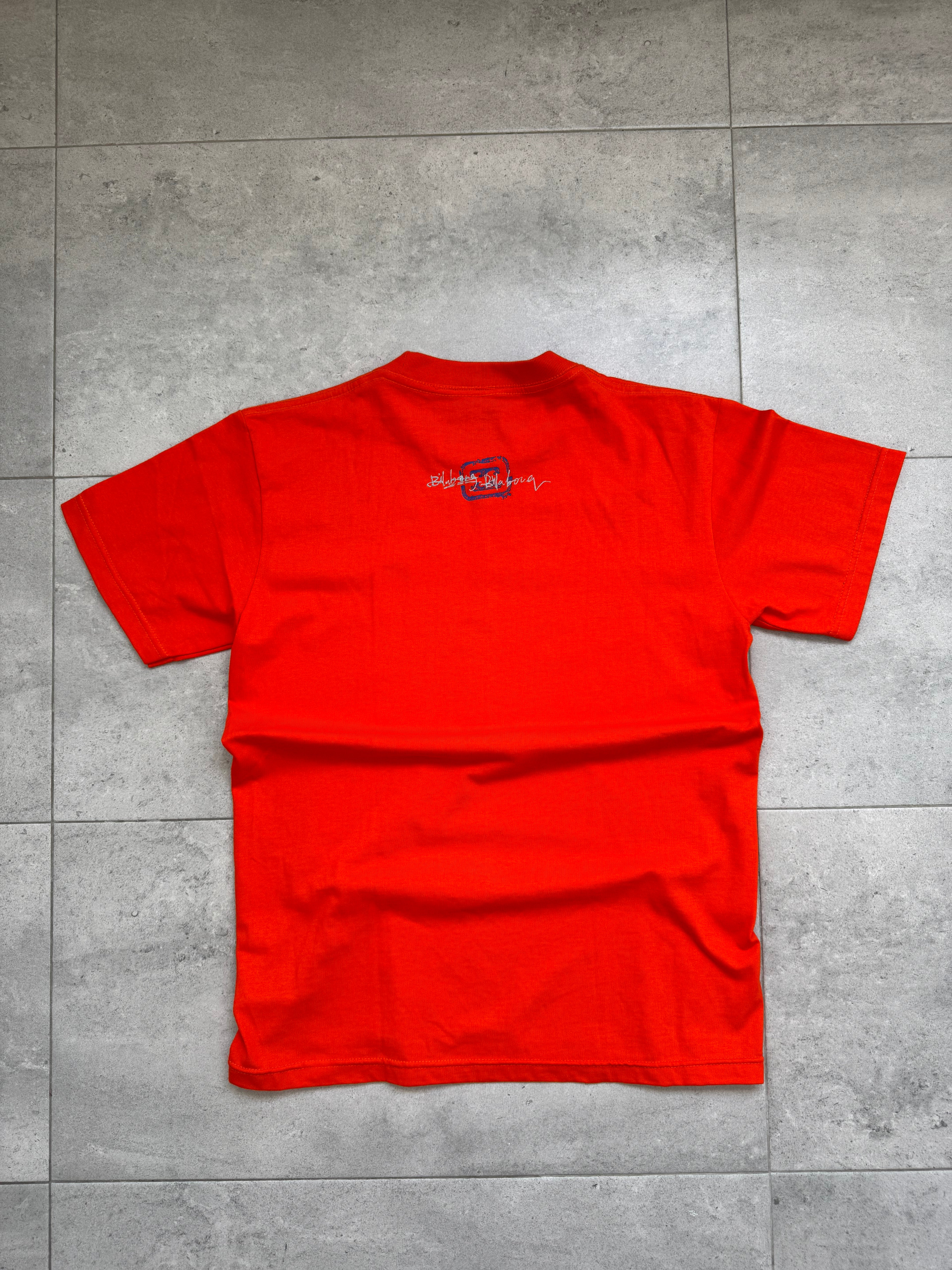 Y2K Billabong T-shirt in orange, size S, deadstock surf tee - close-up detail