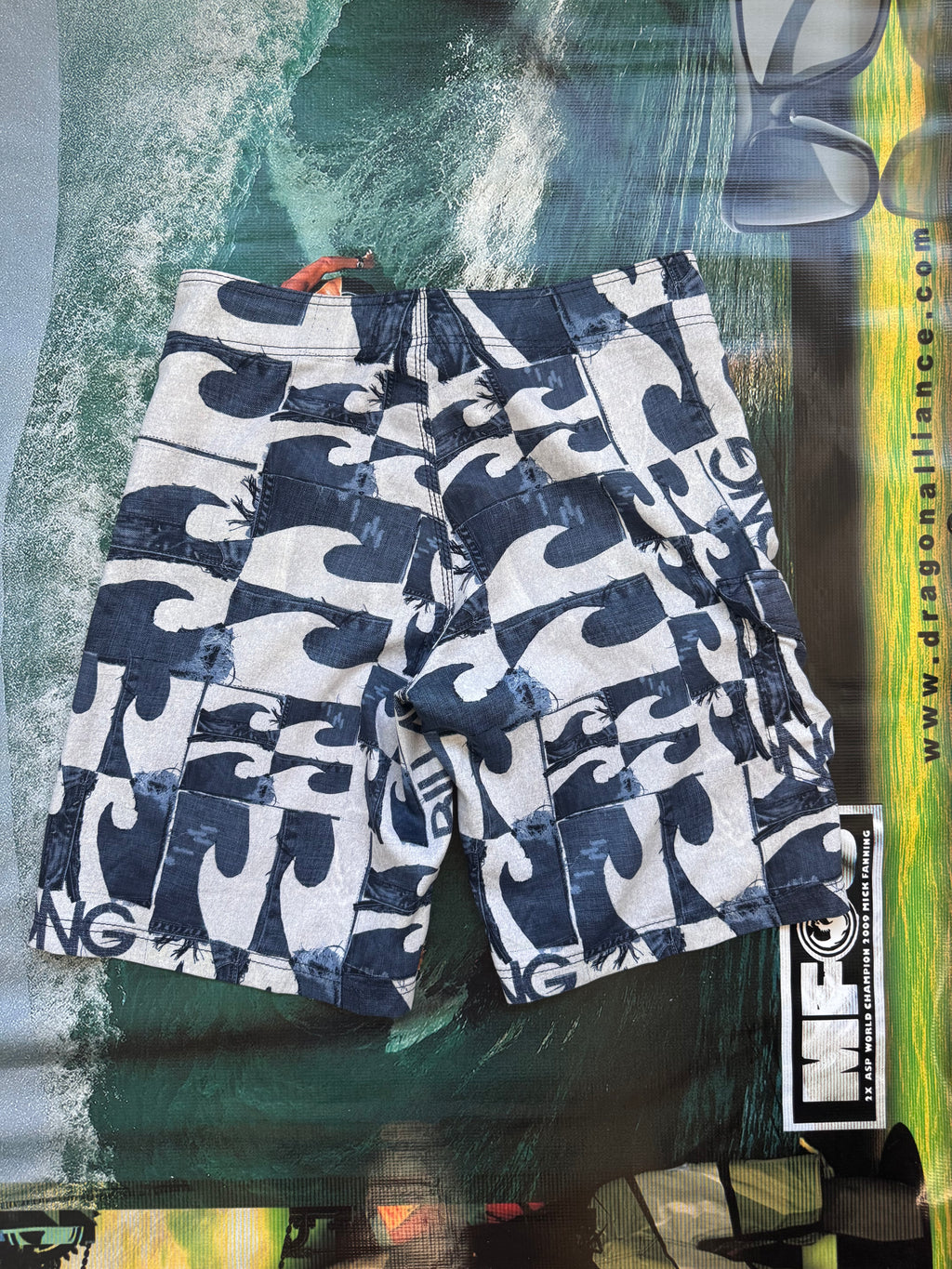 Y2K Billabong denim boardshorts in navy, size 33, deadstock surf shorts - detail view