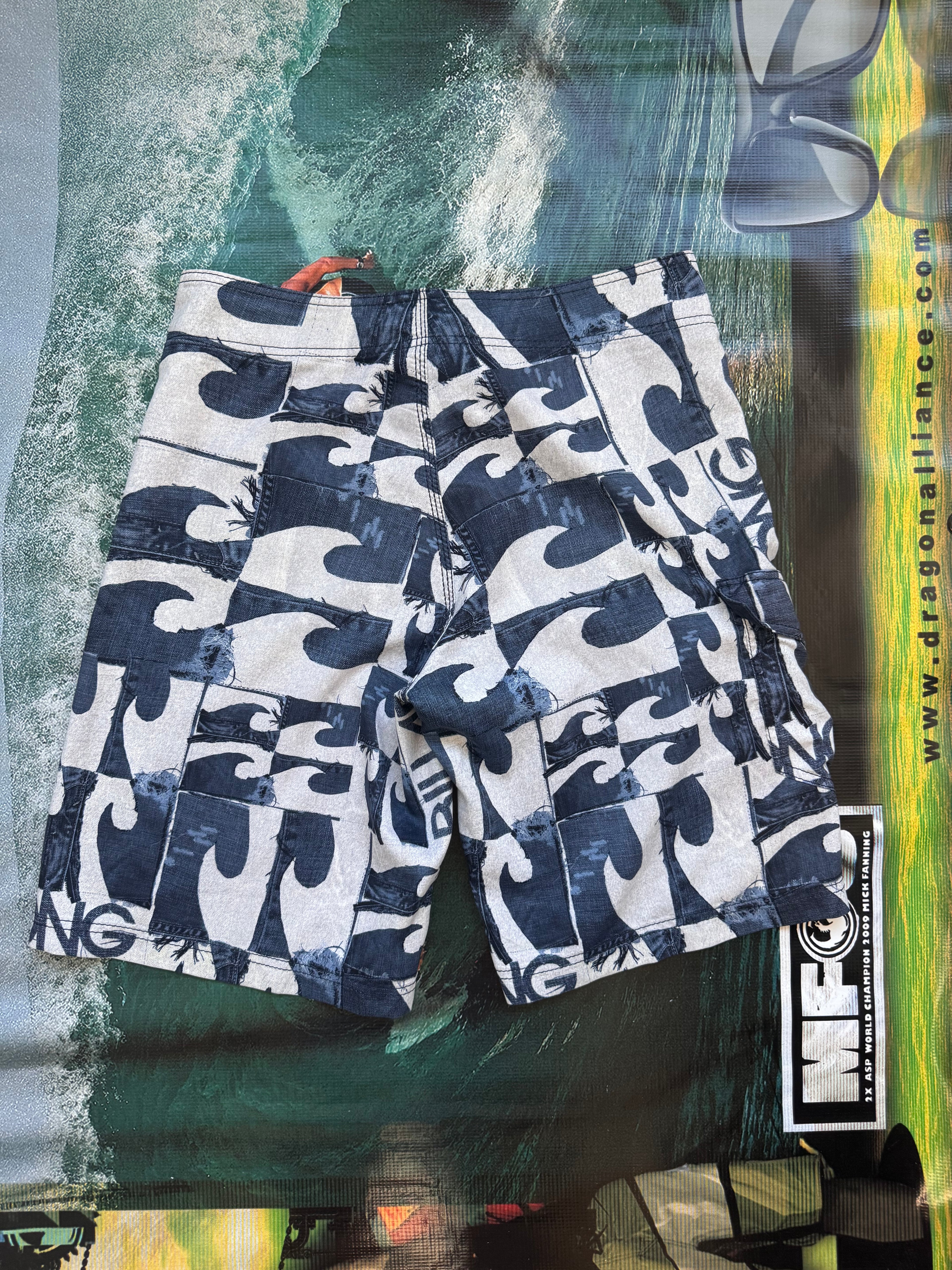 Y2K Billabong denim boardshorts in navy, size 33, deadstock surf shorts - detail view