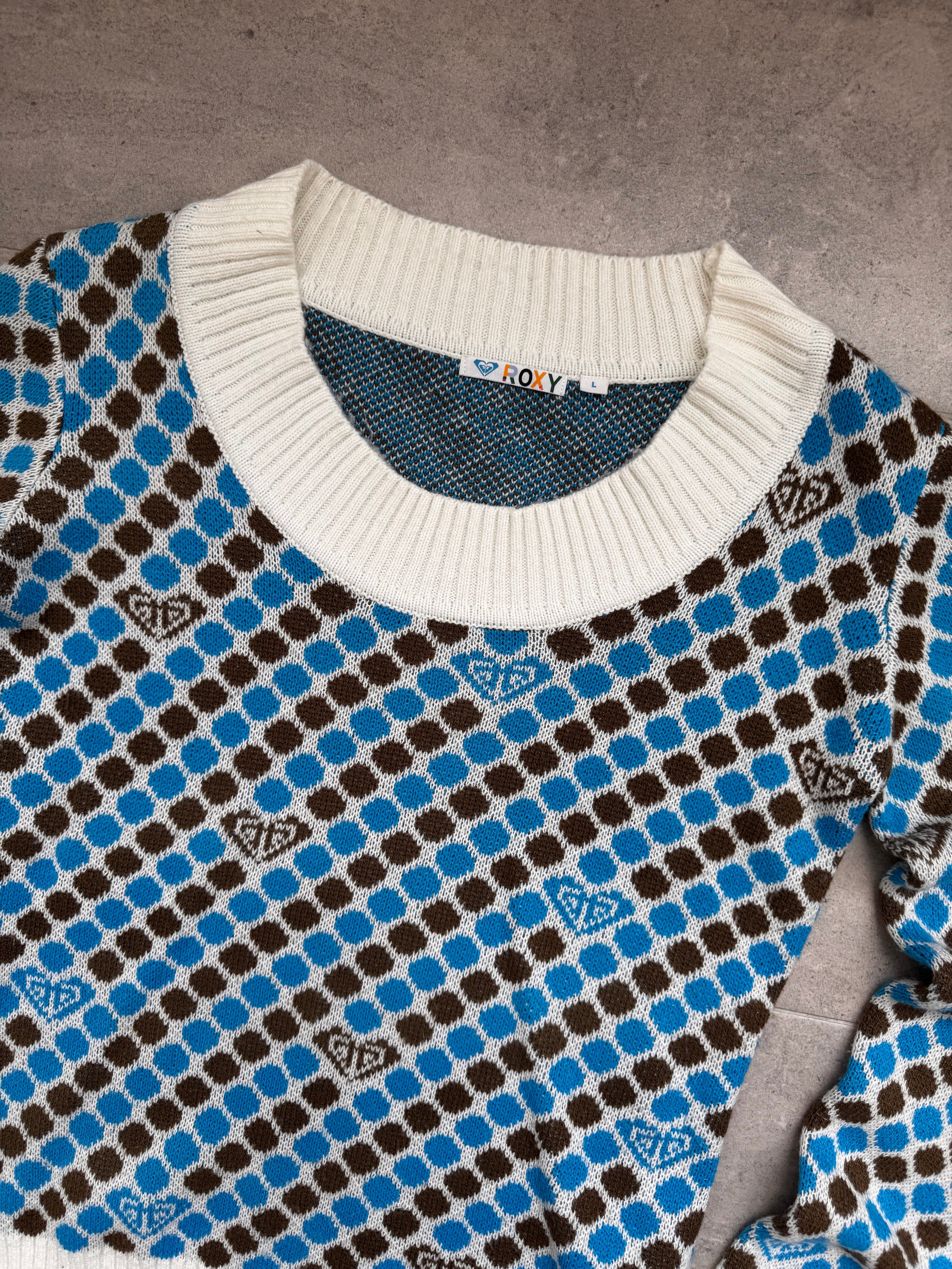 Vintage Y2K Roxy knit sweatshirt in blue, white and brown, back view