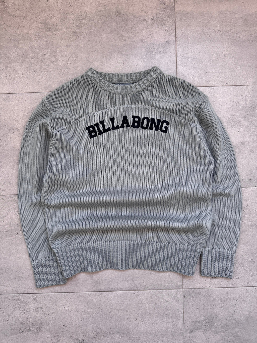 Y2K Billabong women's knit sweatshirt in blue and grey, size XS, vintage surf - front view
