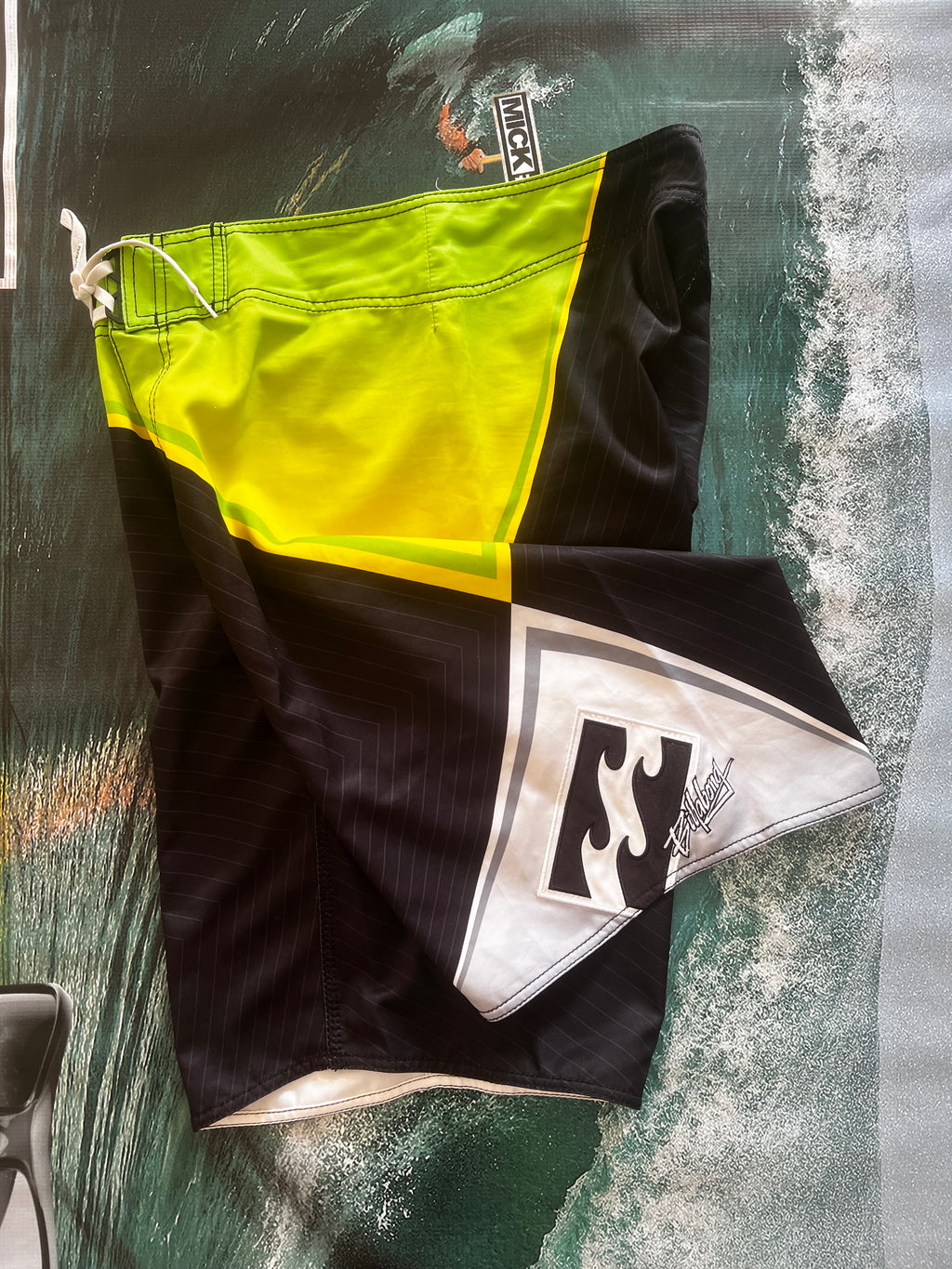 Y2K Billabong Andy Irons Prism boardshorts front — authentic vintage surfwear