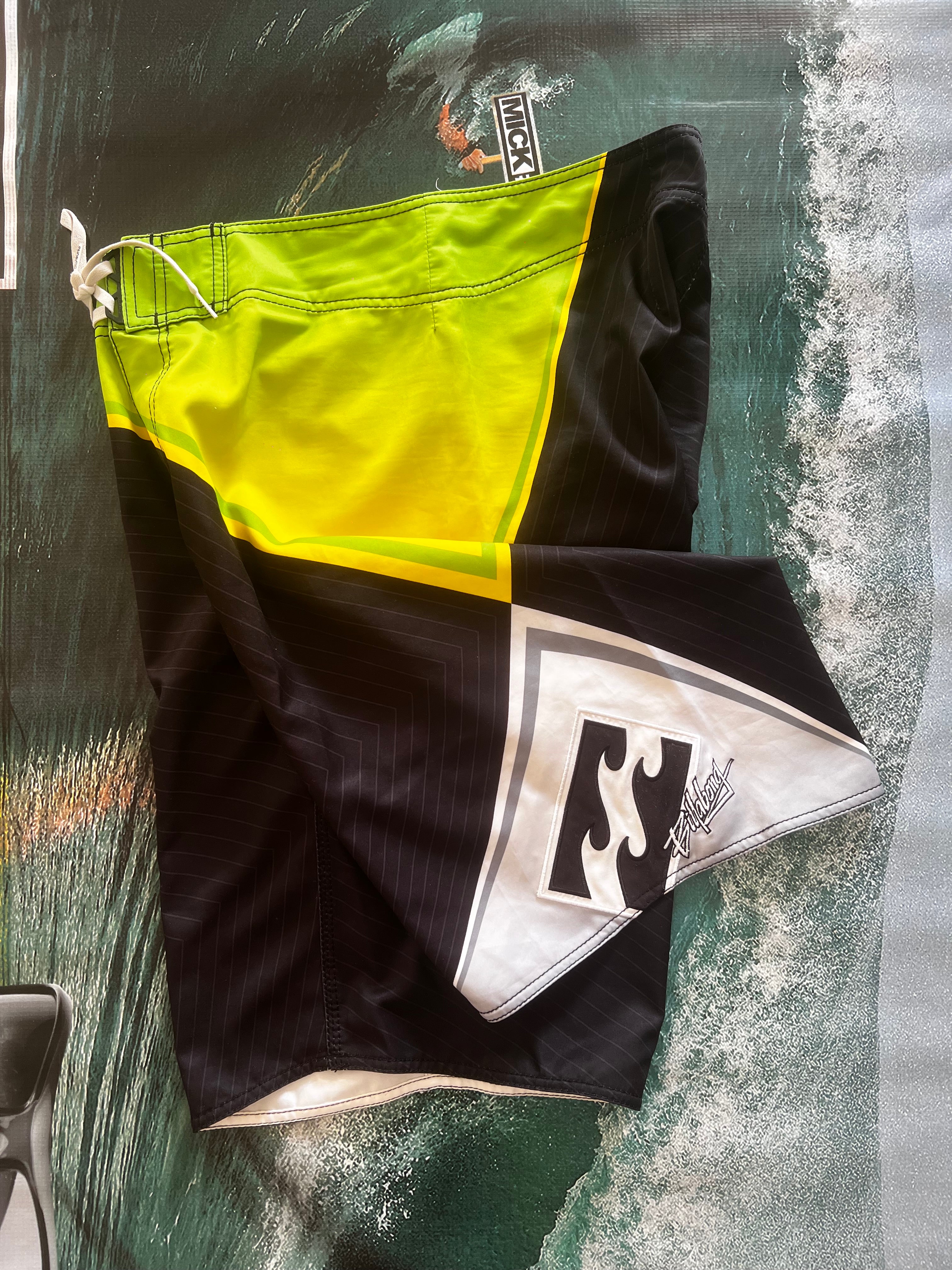 Y2K Billabong Andy Irons Prism boardshorts front — authentic vintage surfwear