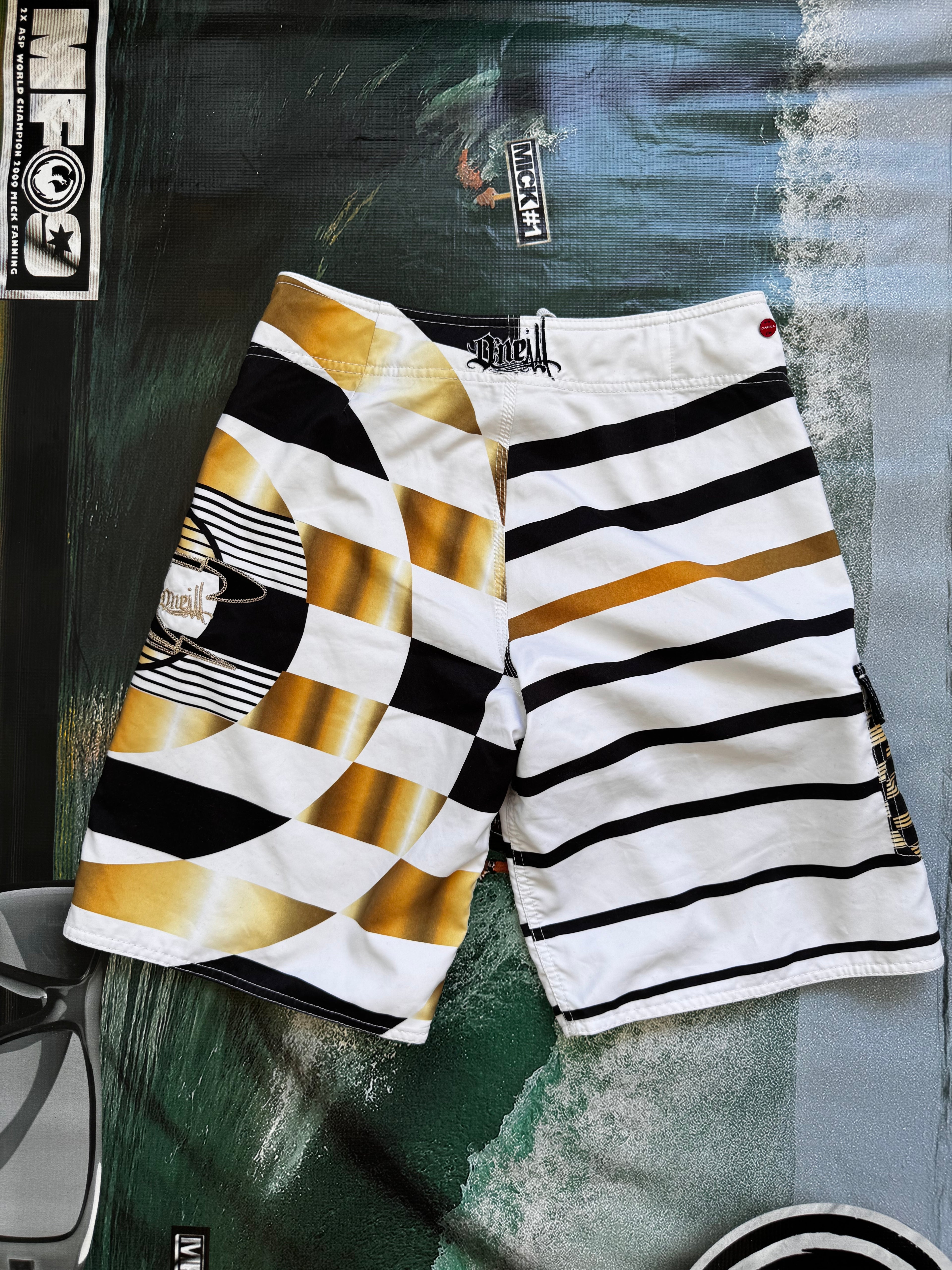 Vintage Y2K O'Neill John John Florence signature boardshorts, signature detail