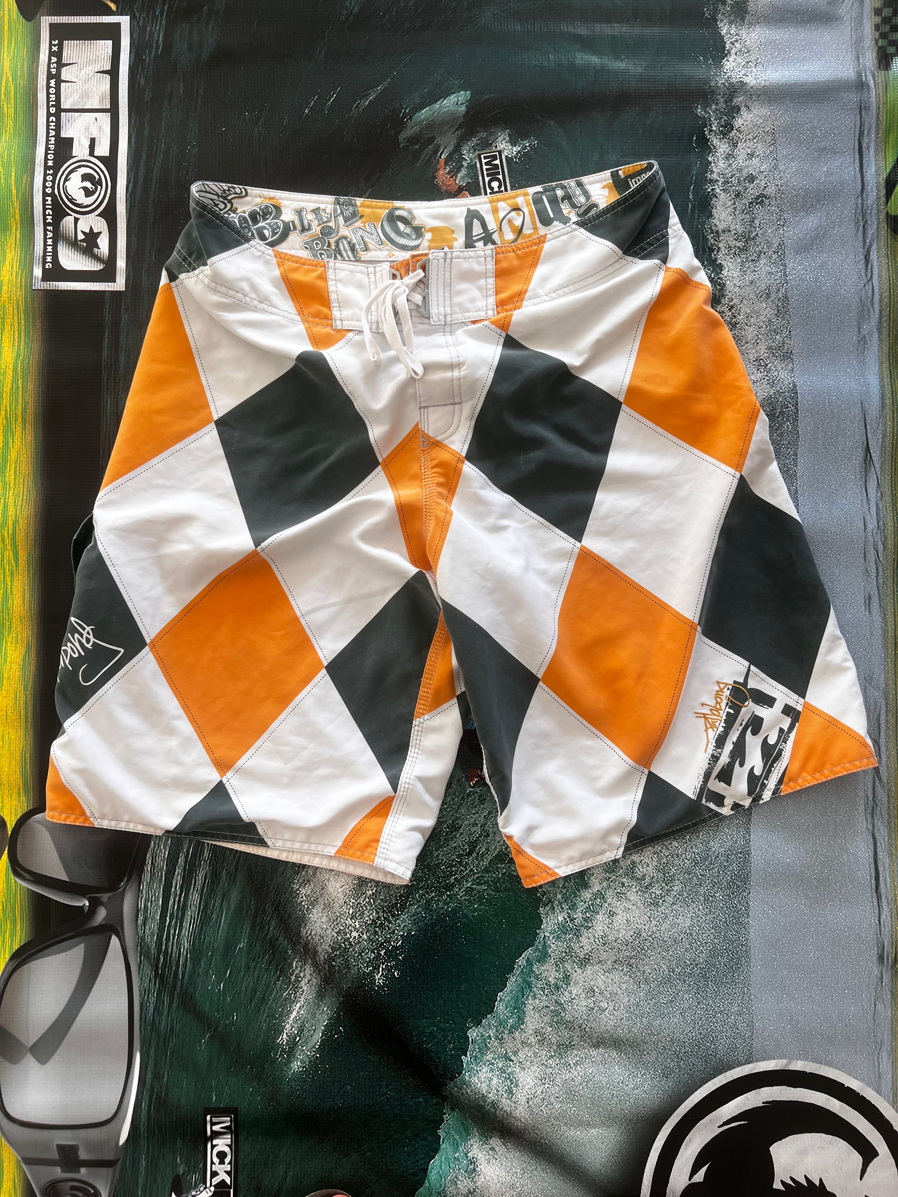 Y2K Billabong Andy Irons Argyle boardshorts front — authentic vintage surfwear collector