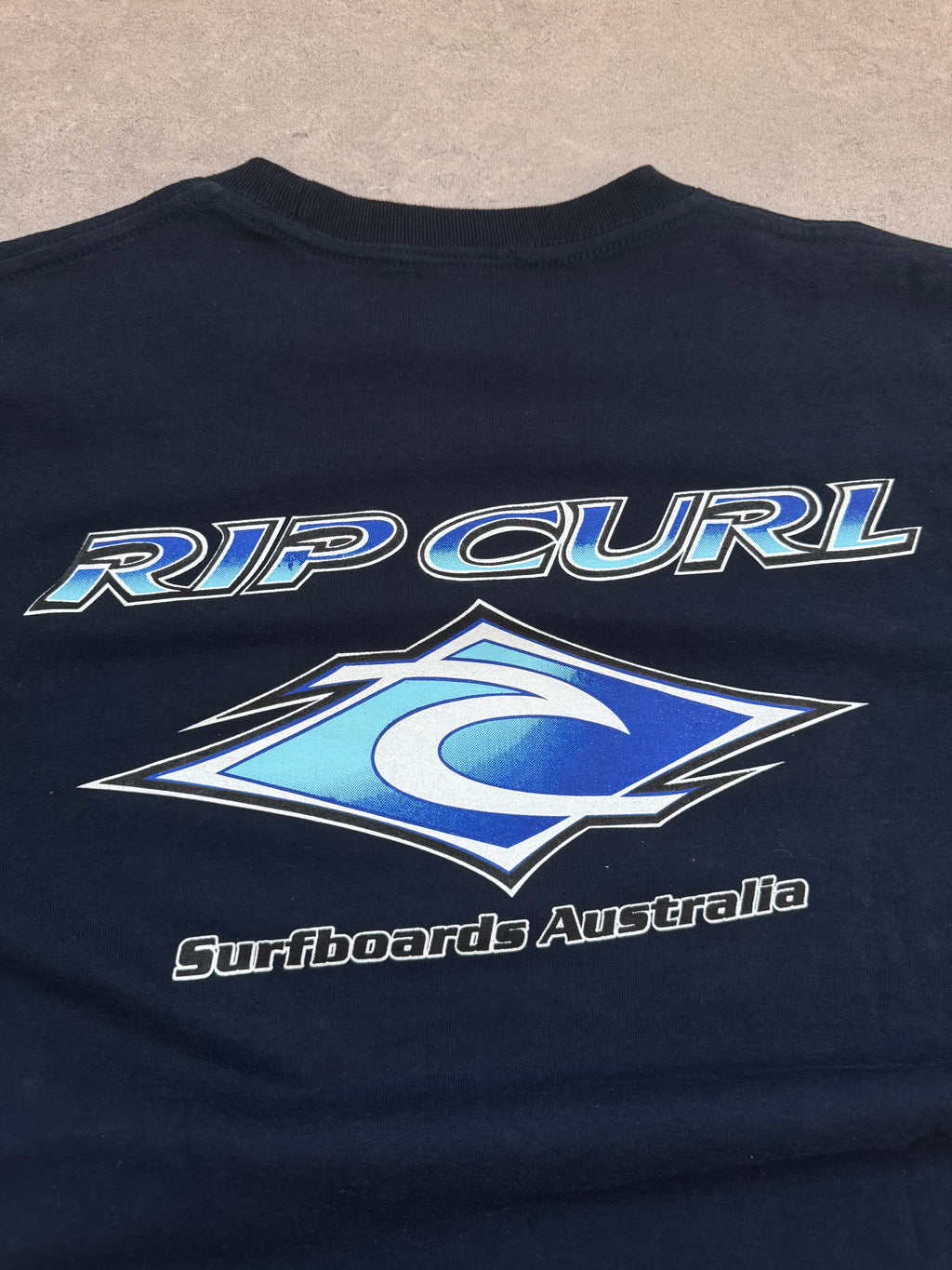 Y2K Rip Curl T-shirt in navy, size XS, deadstock surf tee - detail view