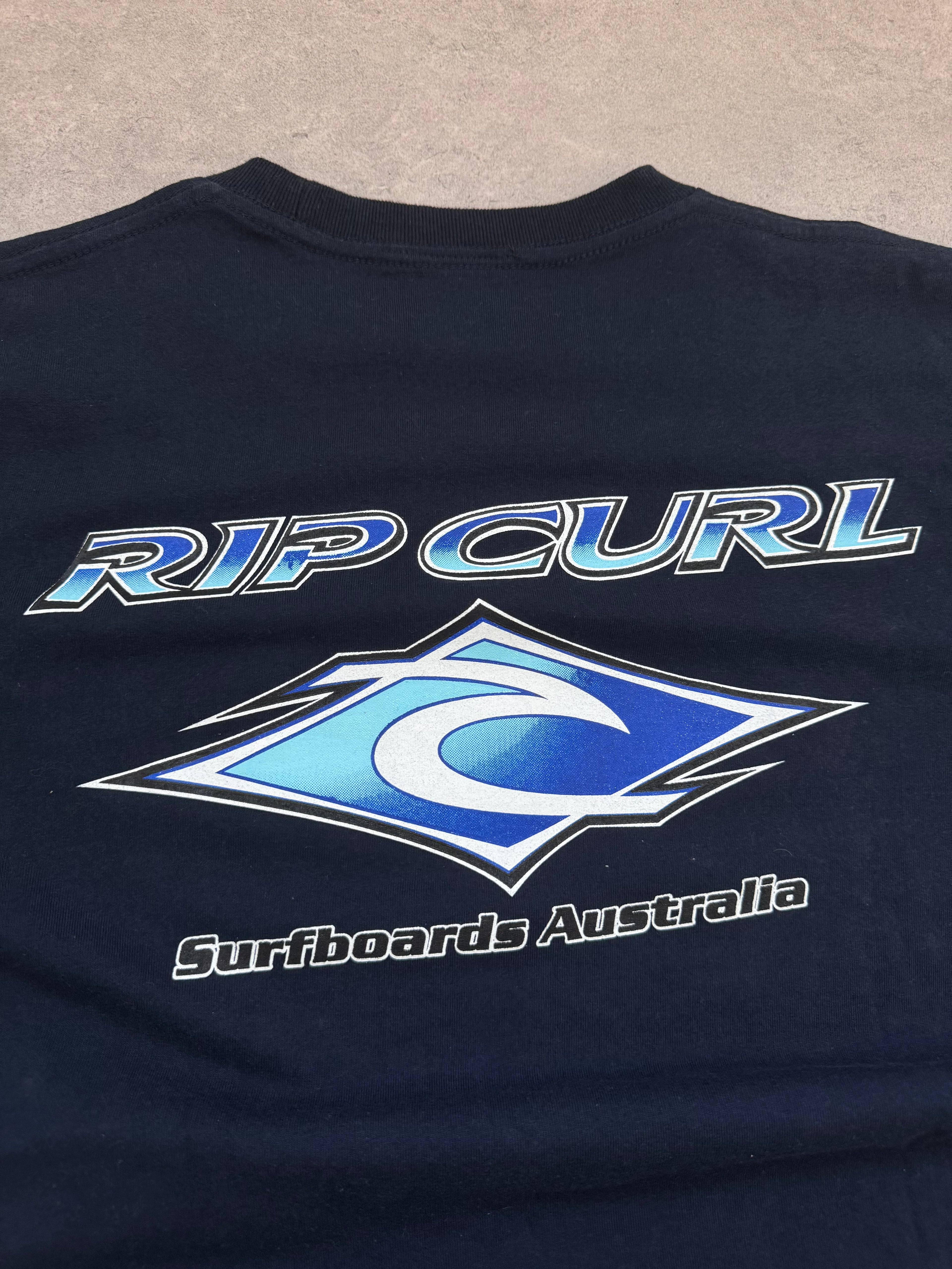 Y2K Rip Curl T-shirt in navy, size XS, deadstock surf tee - detail view