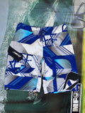 Y2K Reef boardshorts in blue, white and grey, size 32, vintage surf shorts - front view