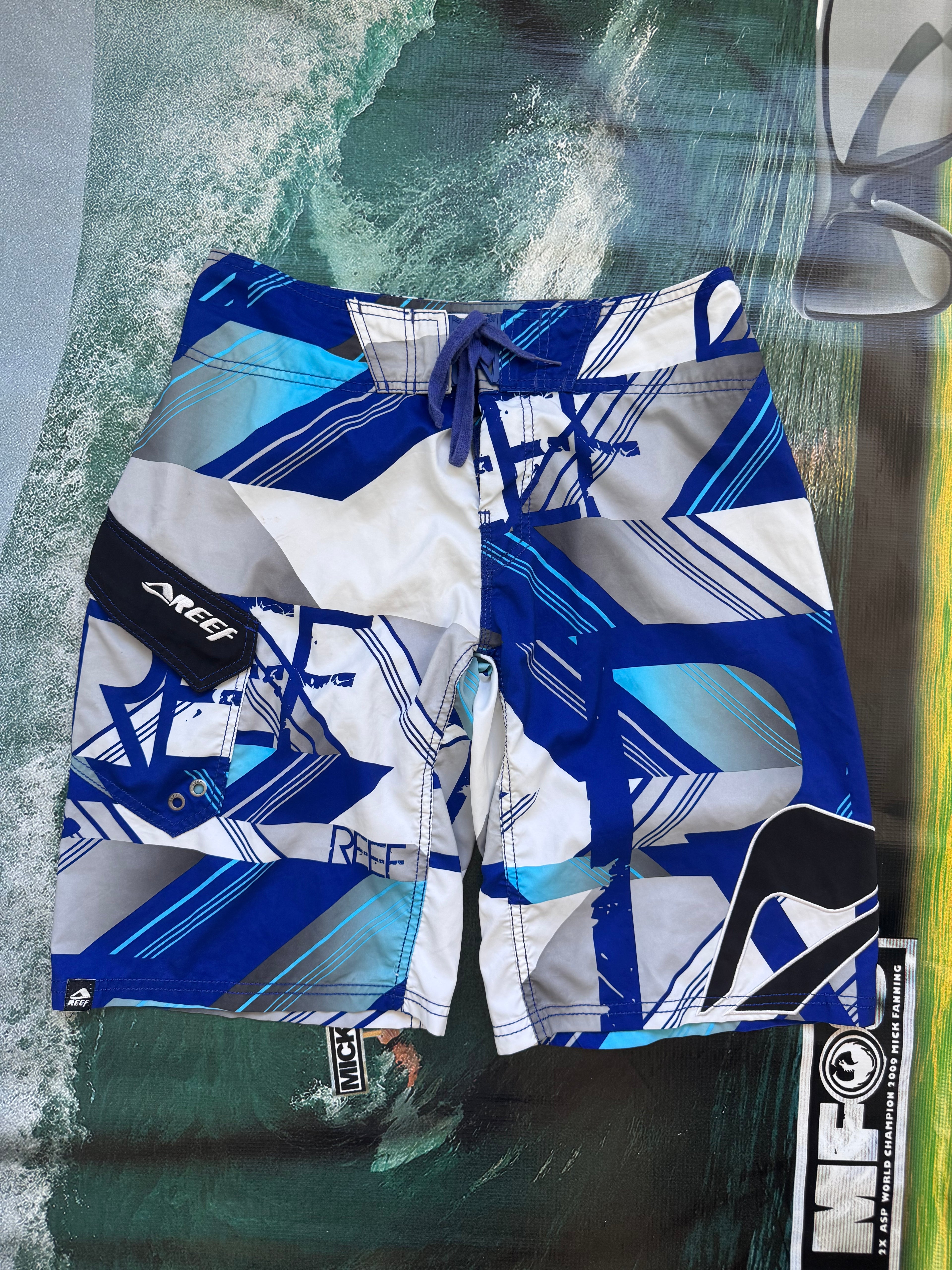 Y2K Reef boardshorts in blue, white and grey, size 32, vintage surf shorts - front view