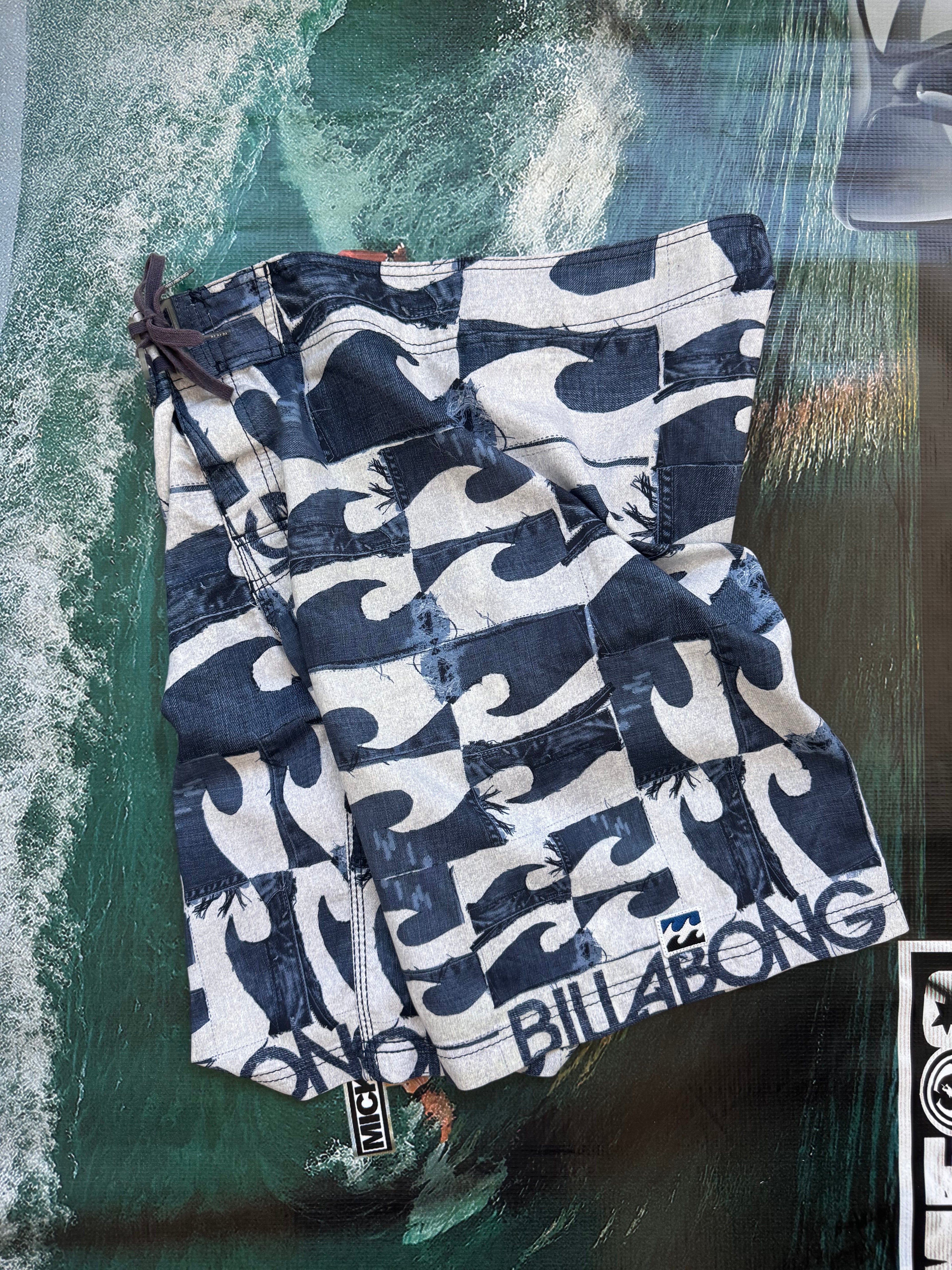 Y2K Billabong denim boardshorts in navy, size 33, deadstock surf shorts - back view