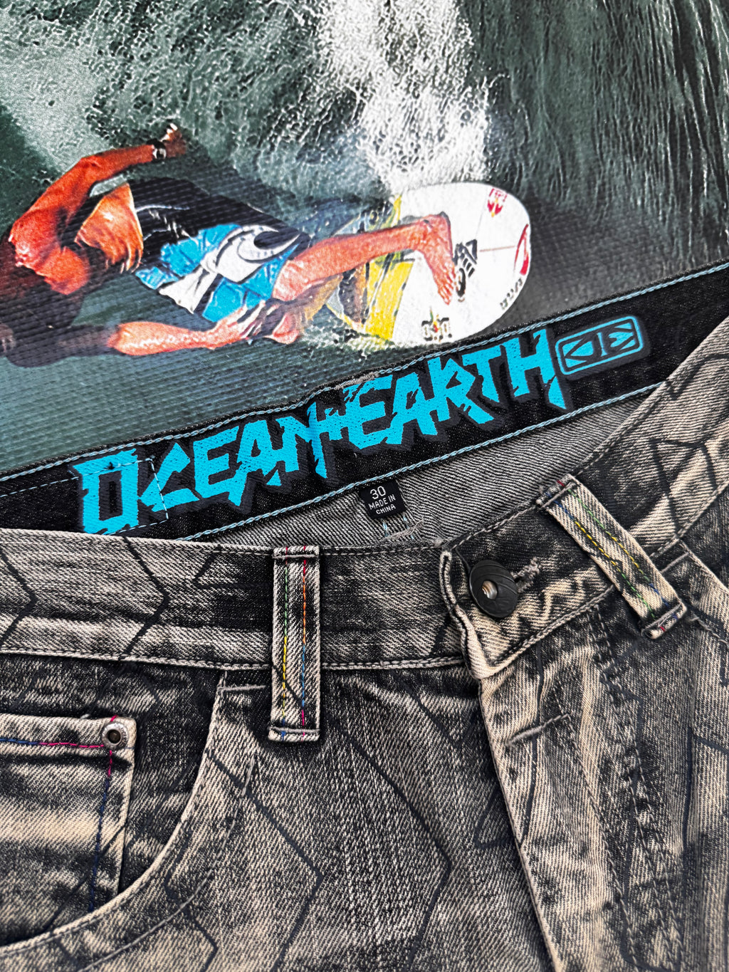 Ocean & Earth brand new denim shorts front — authentic vintage surfwear NWT