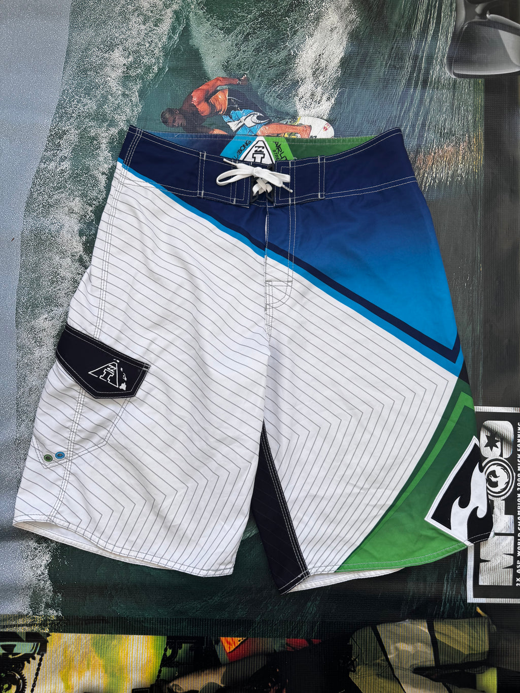 Y2K Billabong Andy Irons boardshorts front logo — authentic vintage surfwear