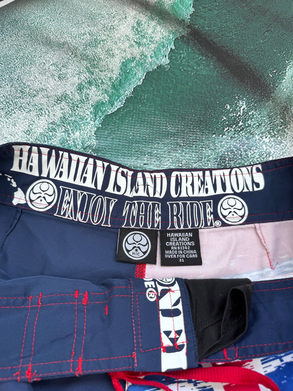 Y2K HIC boardshorts navy/red/white size 31 – detail view