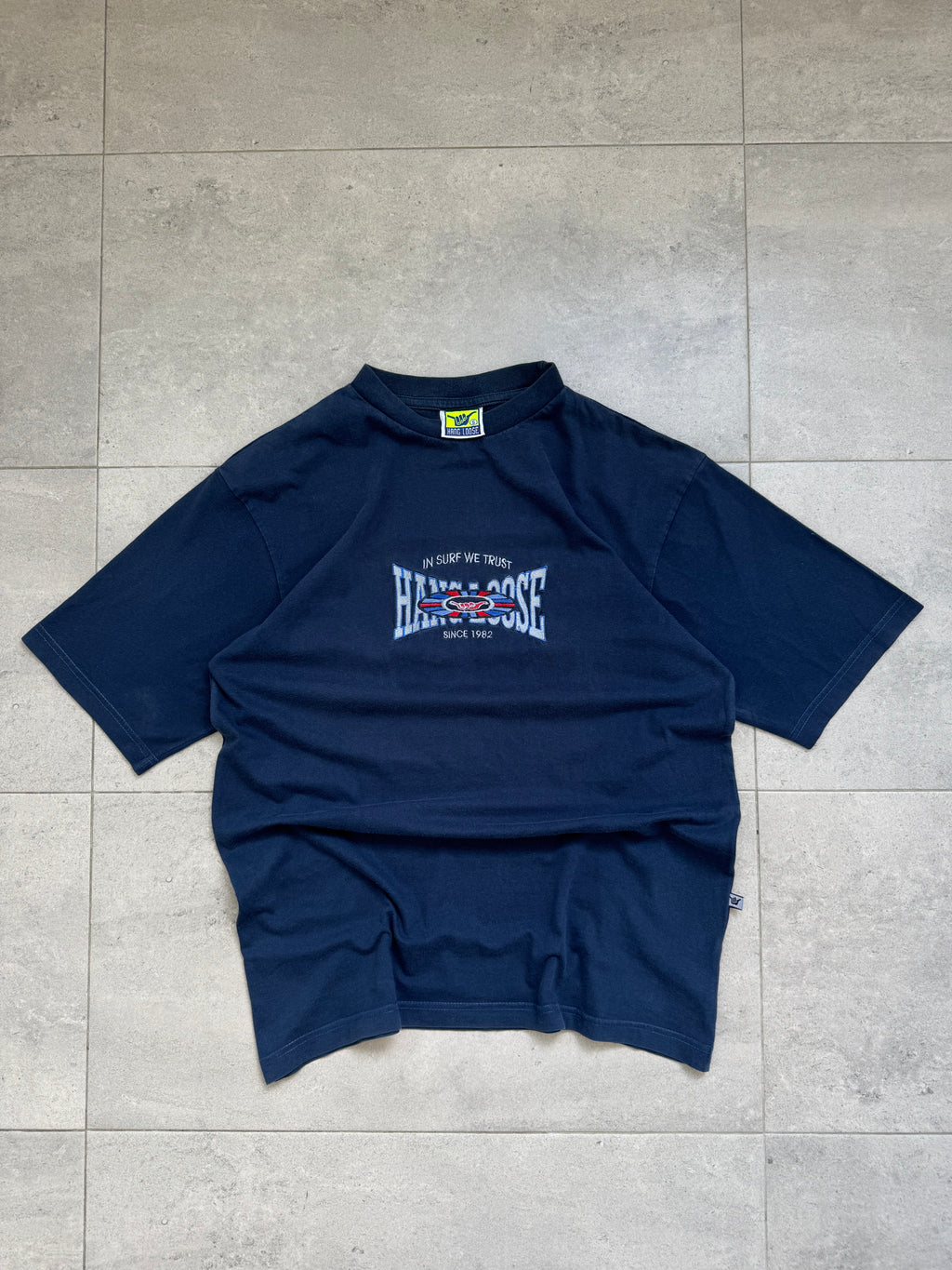 90s Hang Loose vintage T-shirt in navy, size S, surf tee - back view