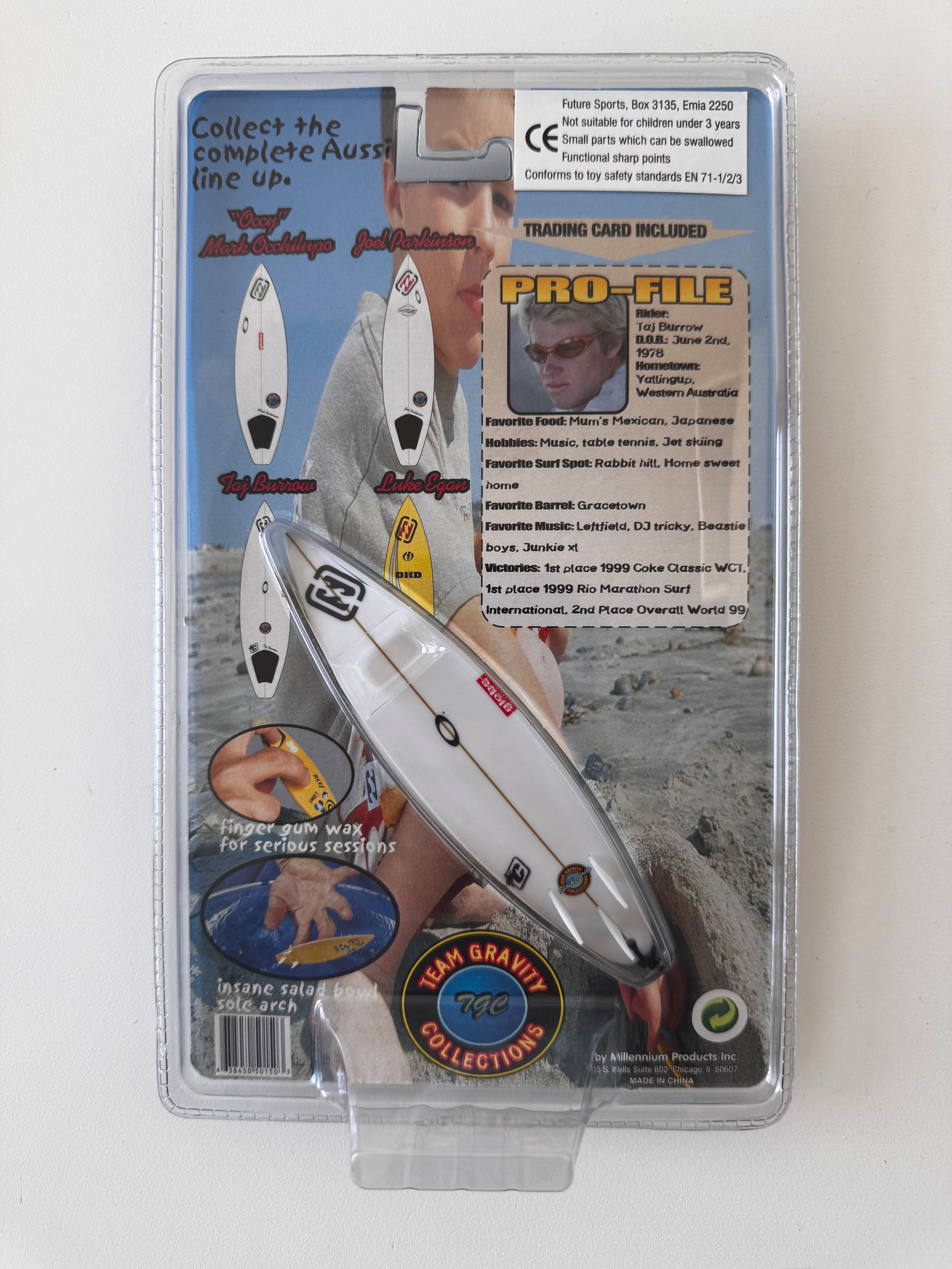 Taj Burrow Team Gravity finger surfboard detail — authentic vintage surf collectible Y2K