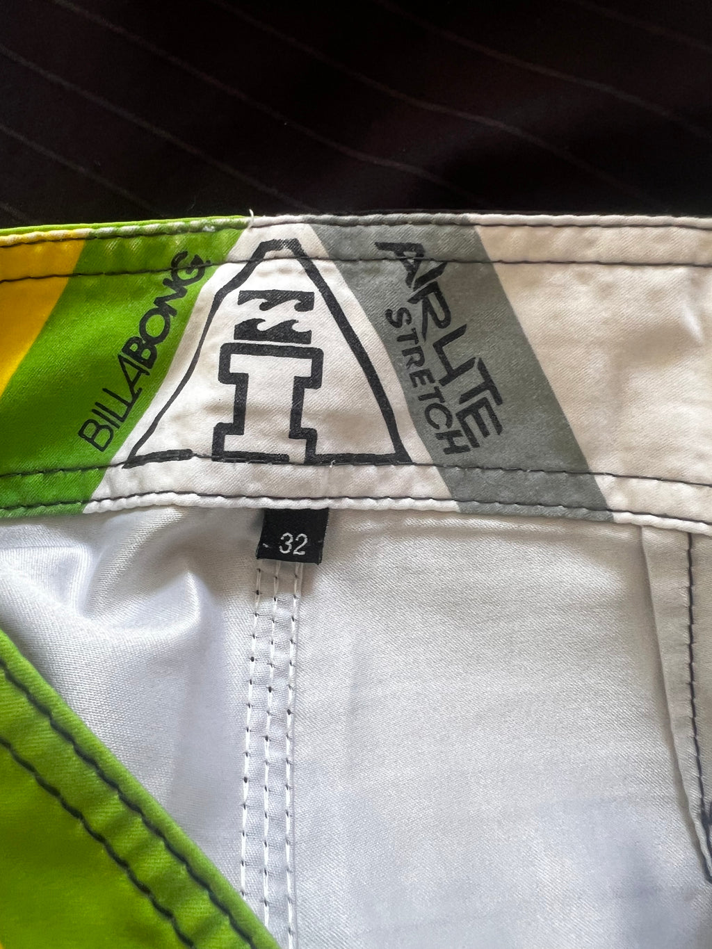 Y2K Billabong Andy Irons Prism boardshorts detail — genuine vintage surfwear collector