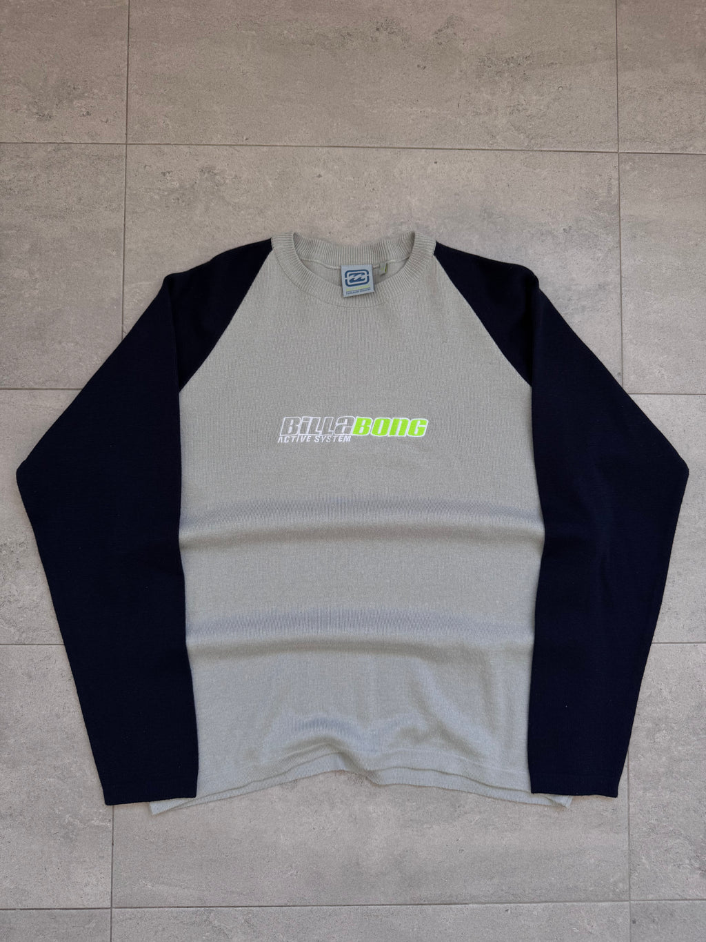 Y2K Billabong knit sweatshirt in grey and navy, size M, deadstock - front view