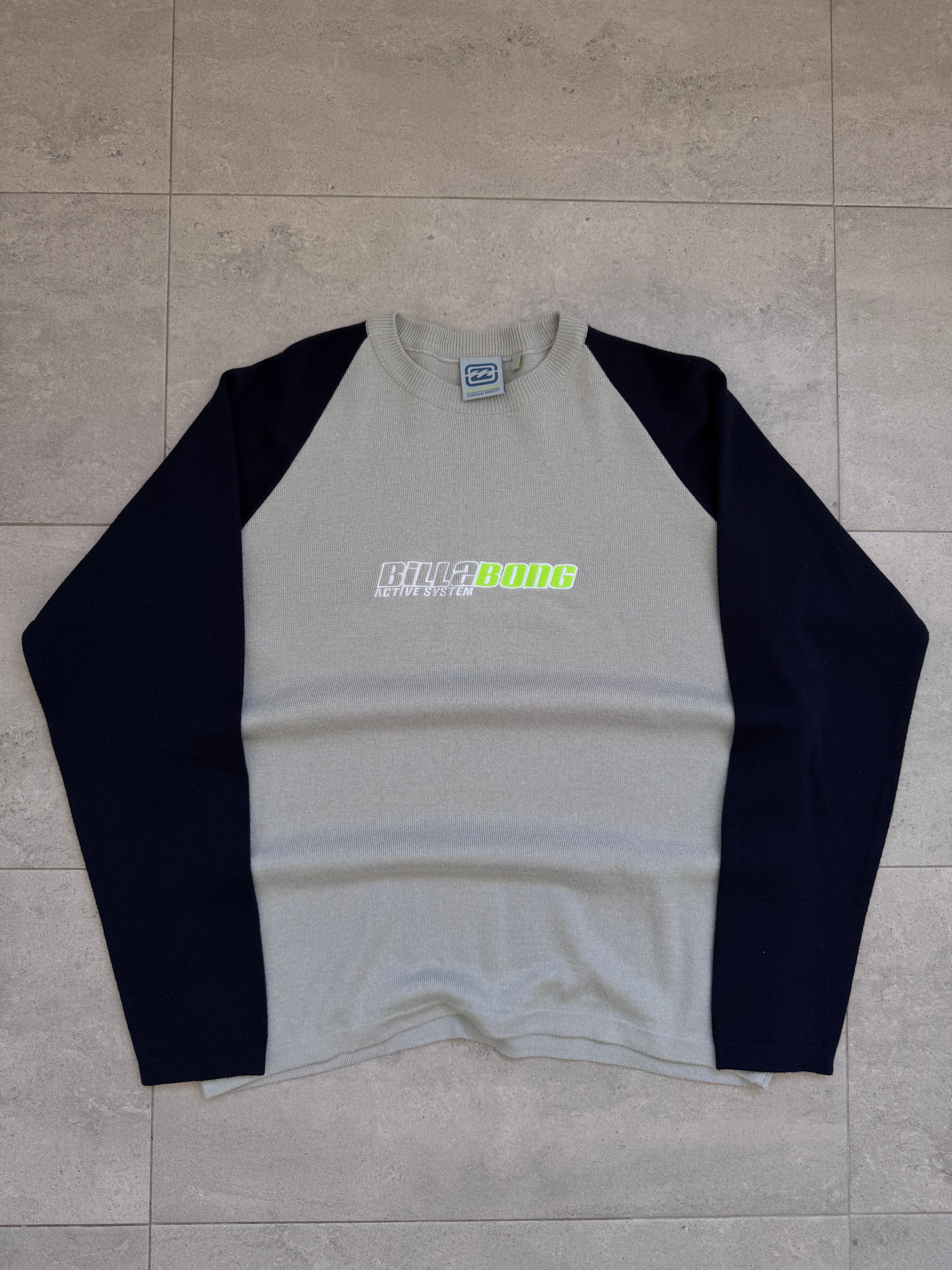 Y2K Billabong knit sweatshirt in grey and navy, size M, deadstock - front view