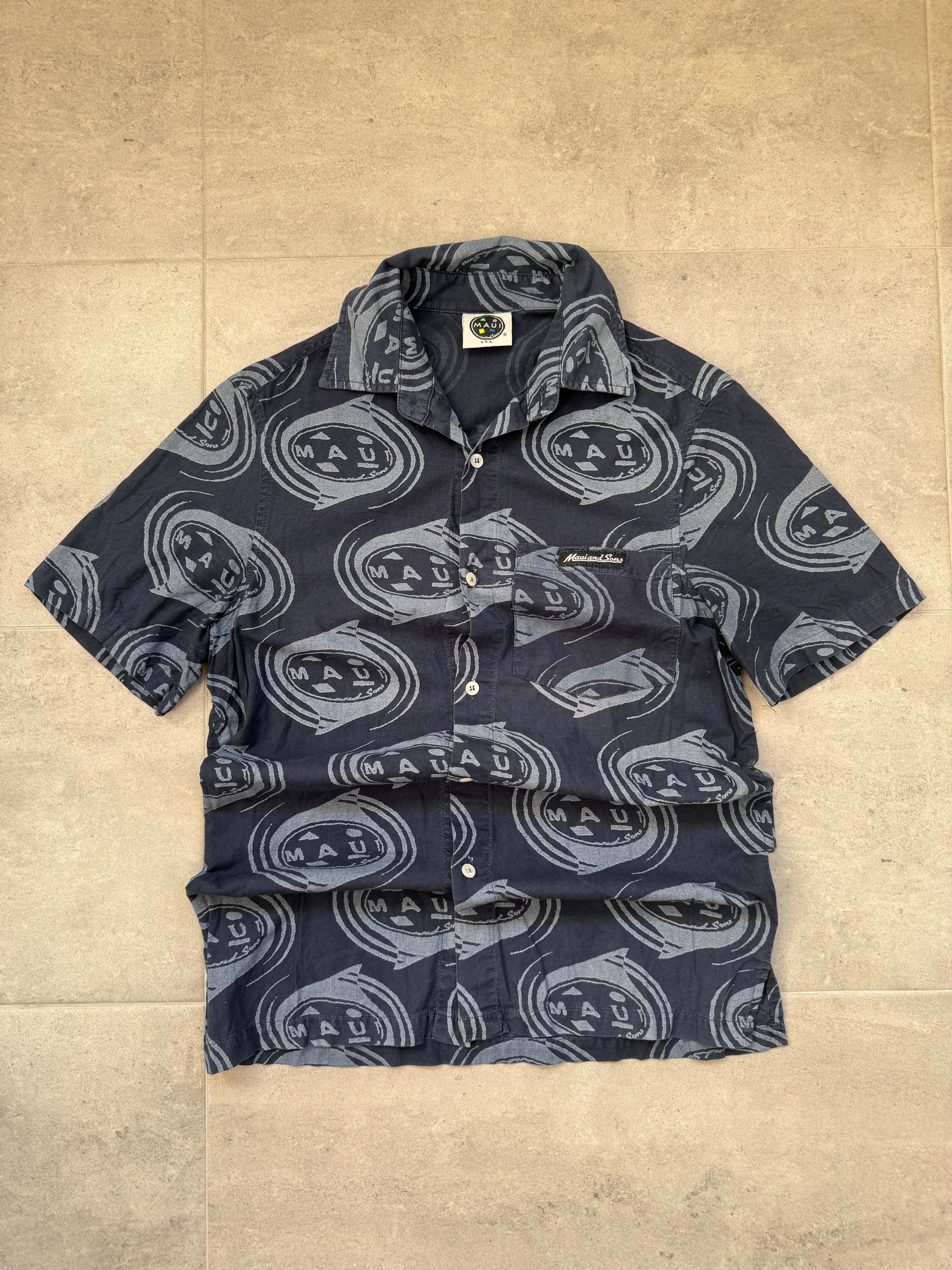 Y2K Maui and Sons shirt in navy and blue, size S, vintage surf and skate - front view
