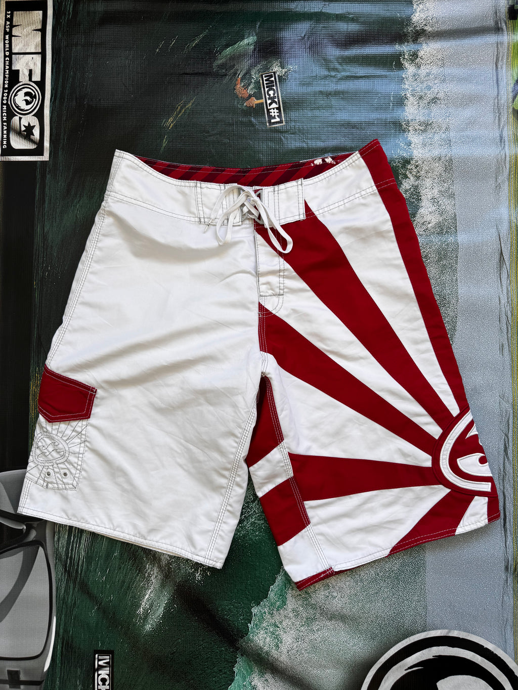 Vintage Y2K Billabong Andy Irons Rising Sun boardshorts, print detail