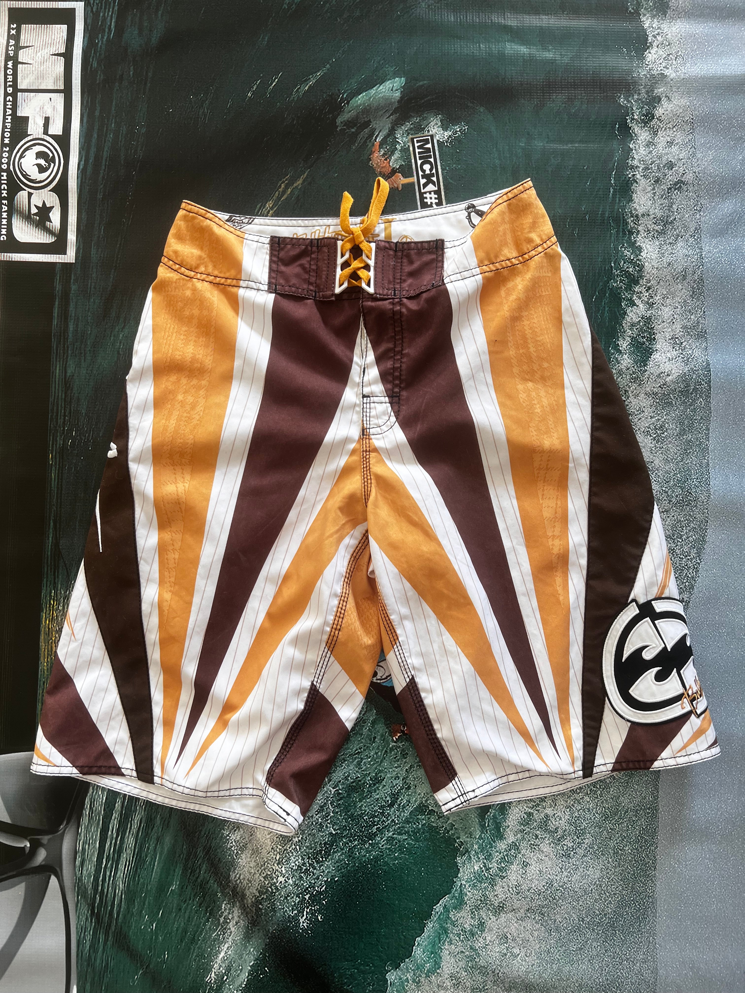 Y2K Billabong Andy Irons Samurai boardshorts front — authentic vintage surfwear