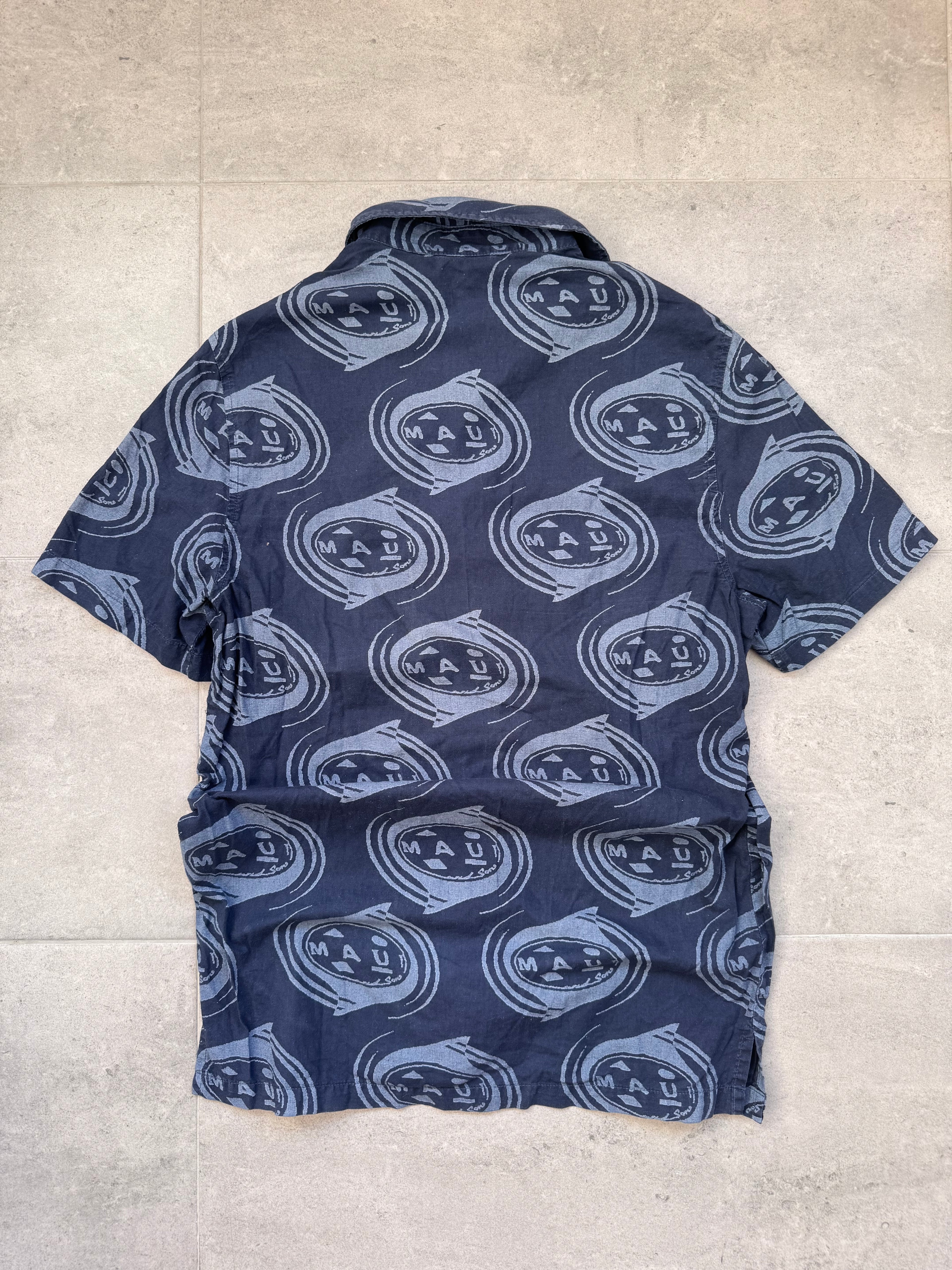 Y2K Maui and Sons shirt in navy and blue, size S, vintage surf and skate - detail view