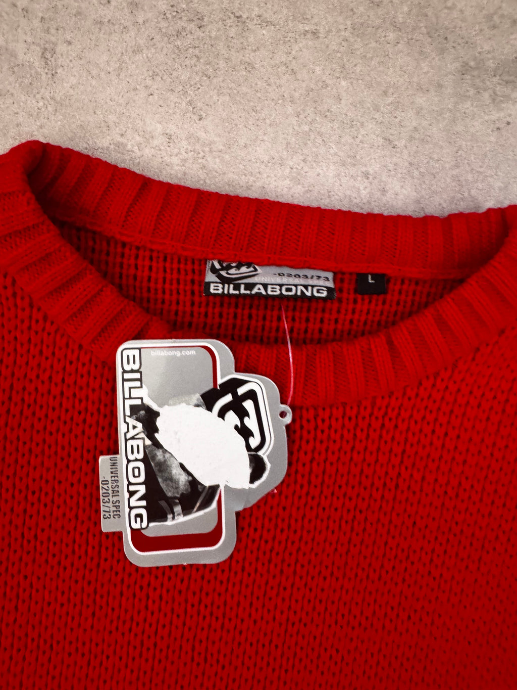 Y2K Billabong knit sweatshirt in red and grey, size L, deadstock surf piece - detail view